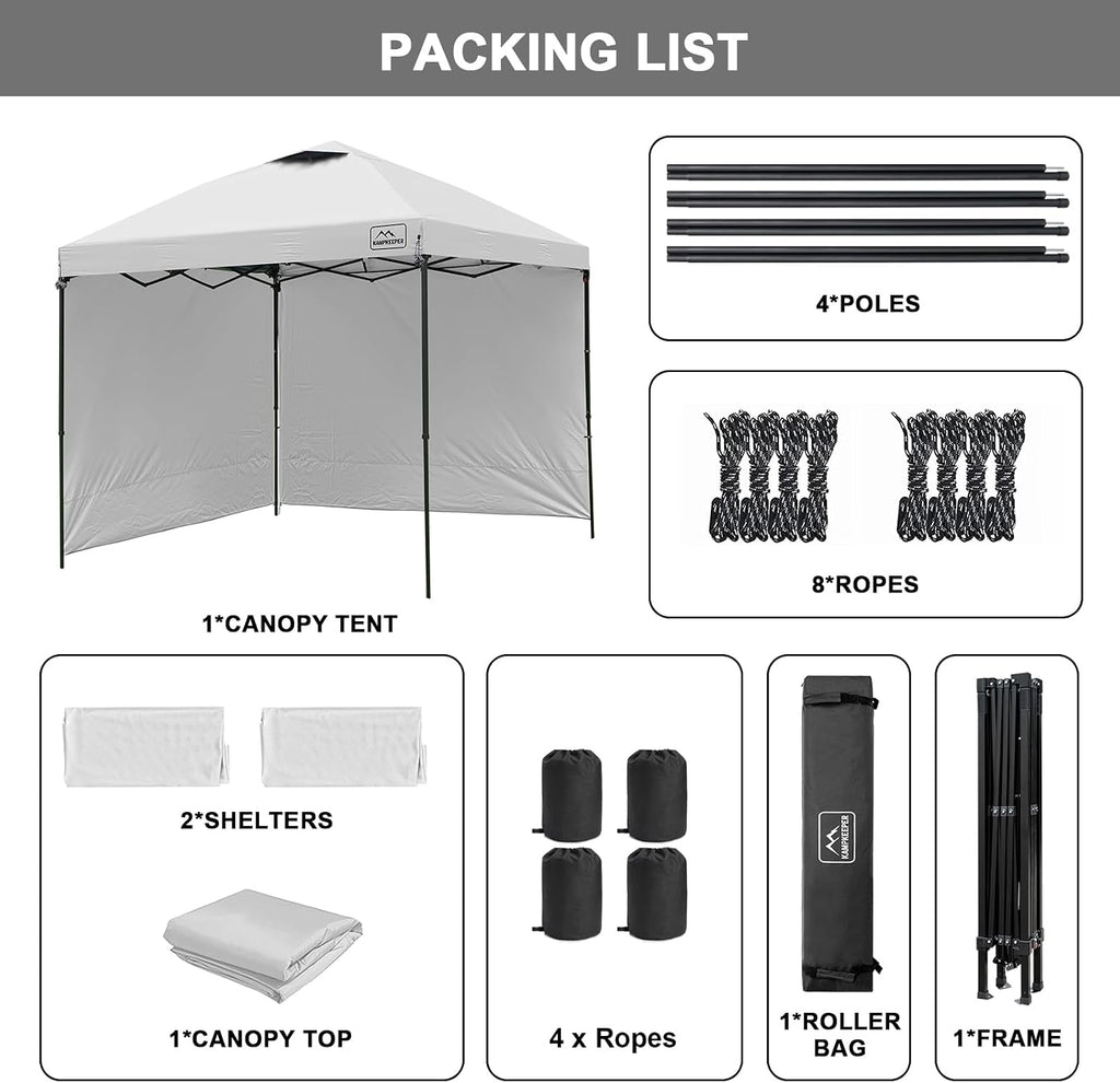 KAMPKEEPER 10x10 Easy Pop Up Canopy Tent with Sidewalls, Instant Outdoor Shade Shelter with Removable 10FT Sun Walls, Quick Setup Waterproof and UV-Resistant for Patio (White, 10x10FT with 2 sidewall)
