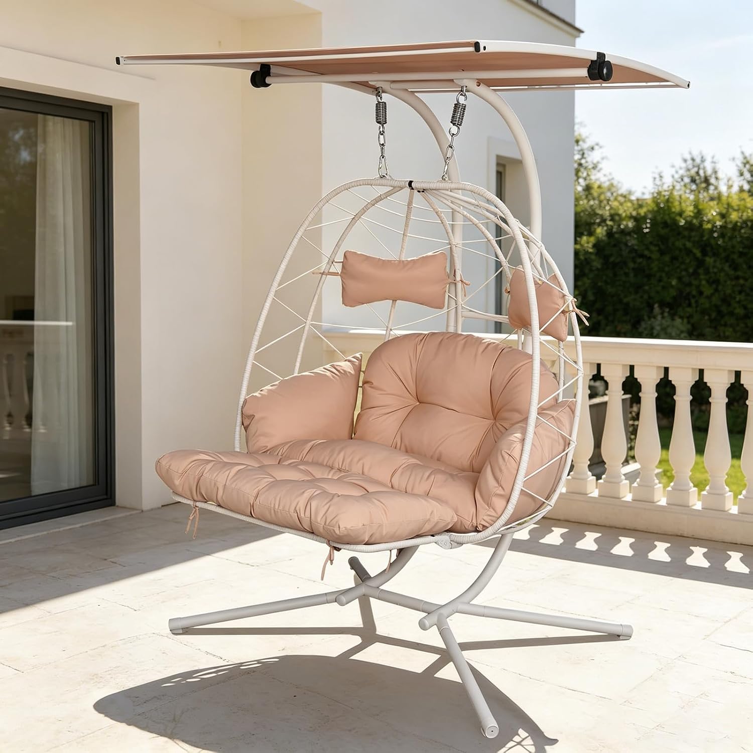Double Egg Chair Outdoor with Stand & Canopy, 2 Person Hanging Egg Chair with Footrest, Oversized Rattan Wicker Egg Swing Chair for Bedroom Garden, 660Lbs, White-Beige