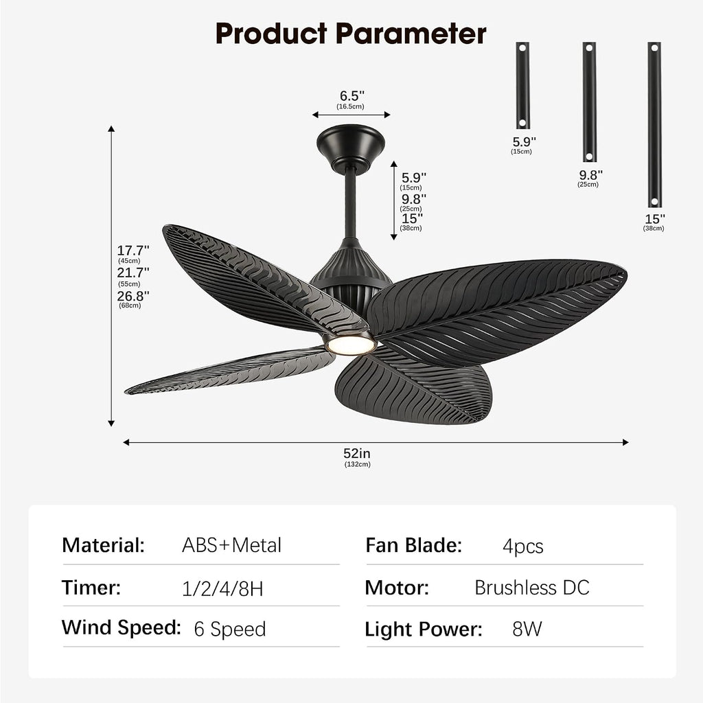 52' Tropical Ceiling Fans with Lights, Indoor Palm Leaf Ceiling Fan with Light and Remote for Living Room Bedroom, ABS Blades, Dimmable LED Lights, 6 Speeds, Adjustable Height-Black