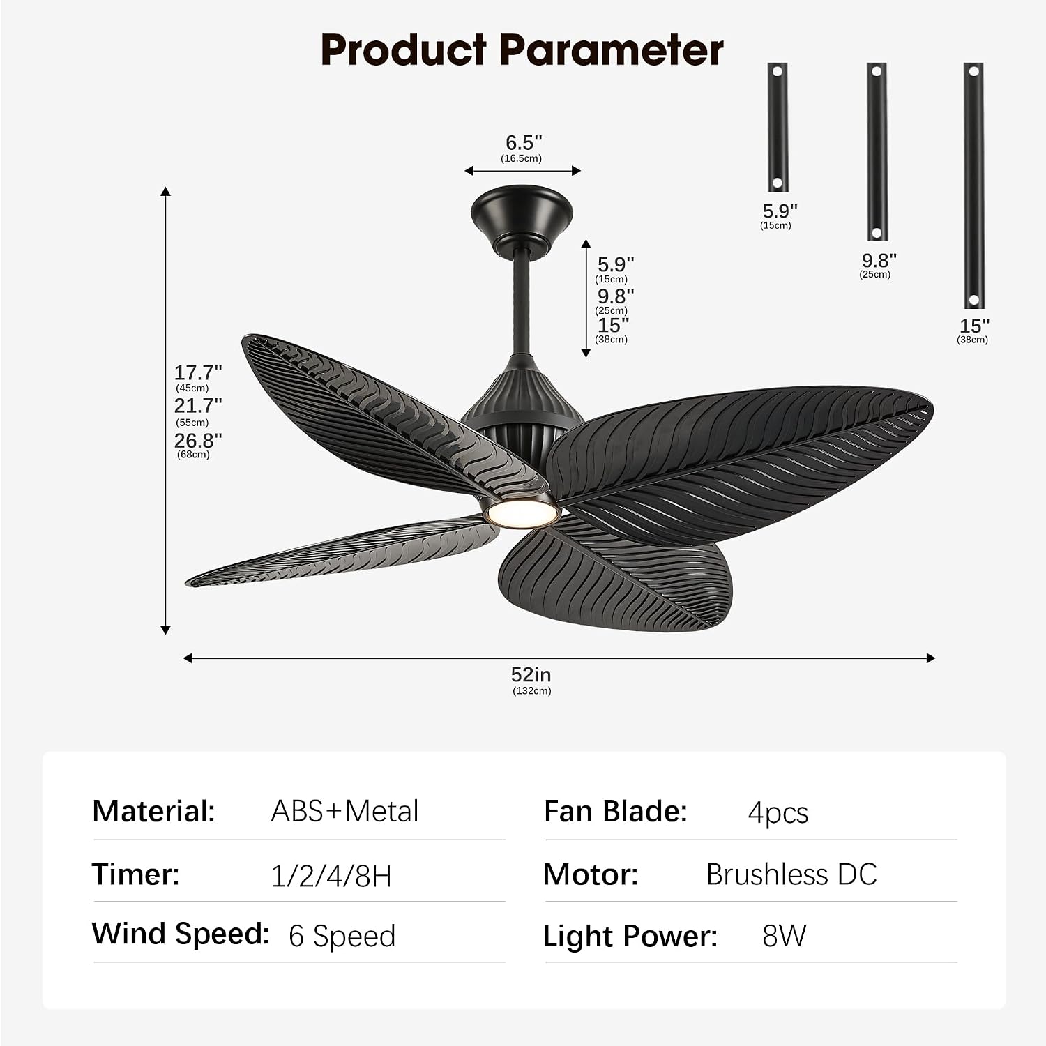 52' Tropical Ceiling Fans with Lights, Indoor Palm Leaf Ceiling Fan with Light and Remote for Living Room Bedroom, ABS Blades, Dimmable LED Lights, 6 Speeds, Adjustable Height-Black
