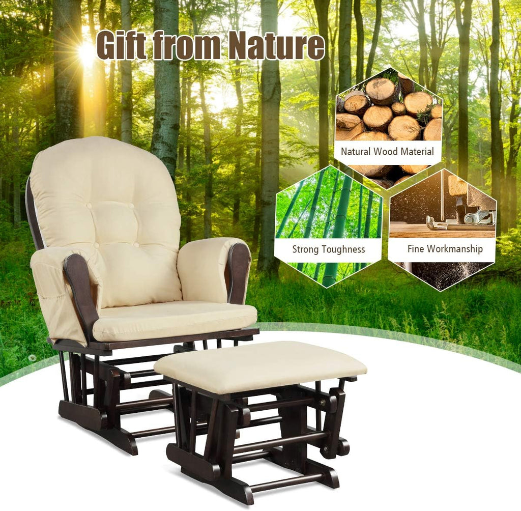 Costzon Nursery Glider with Ottoman, Upholstered Comfort Glider Rocker with Padded Cushion, Storage Pocket, Solid Wood Base, Rocking Chair Nursery for Breastfeeding, Napping (Beige)