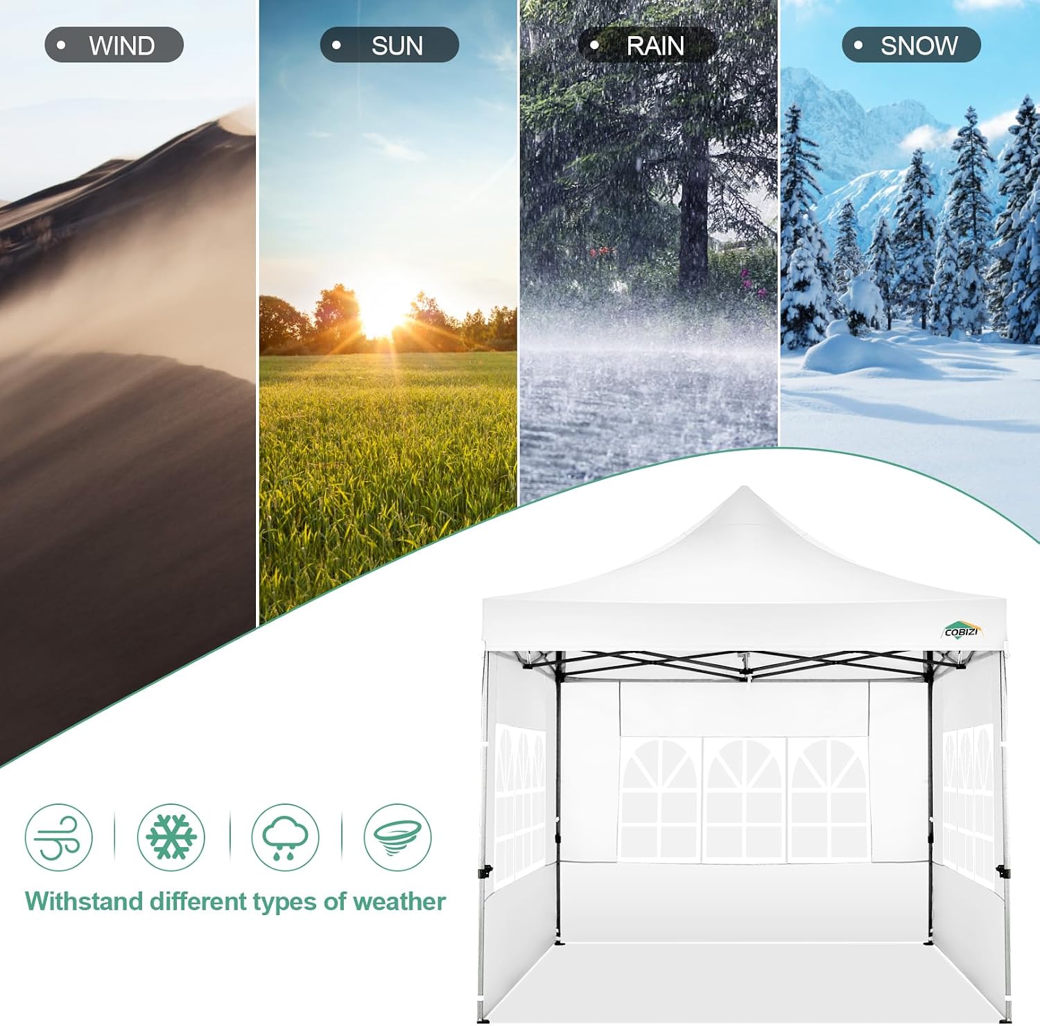 COBIZI 10x10 Pop Up Canopy with Sidewalls Heavy Duty Commercial Tent Easy Up Outdoor Canopy for Party, Wedding, Event and Backyard, All Season Windproof&Waterproof with Roller Bag UPF 50+, White