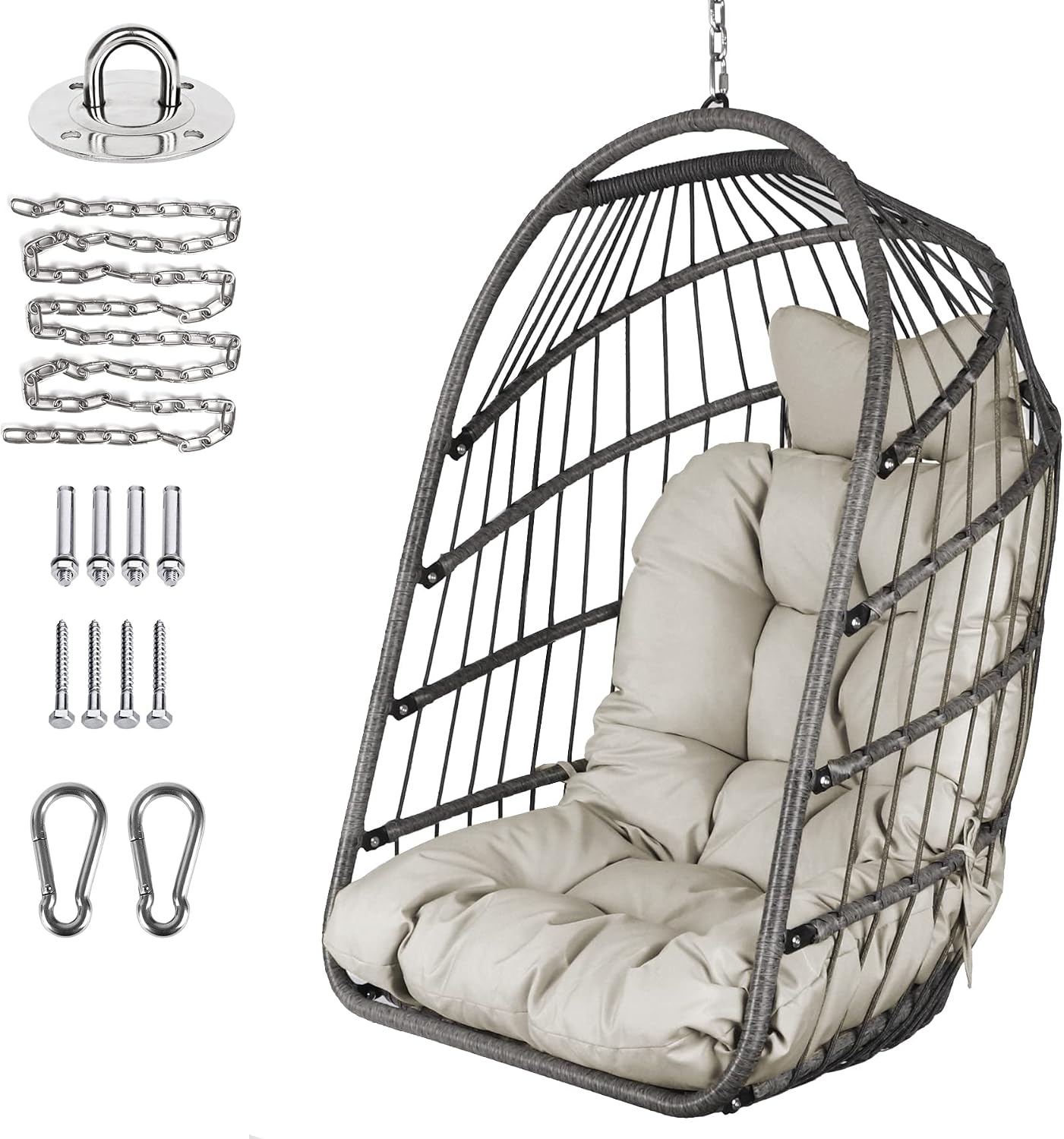 Chihee Egg Chair Foldable Wicker Rattan Hanging Swing Chair Indoor Outdoor Patio Wicker Chair Hammock Chairs with Stainless Steel Hanging Kit Chain Link UV Resistant Cushion Bedroom Balcony