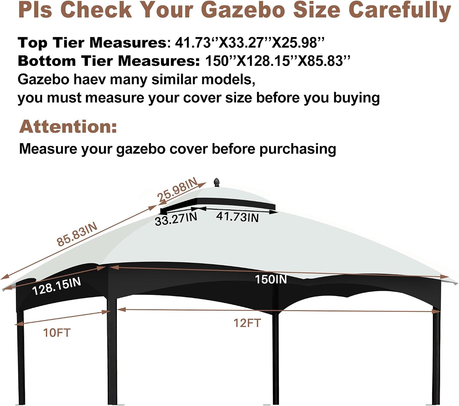 10x12 Ft Outdoor Patio Gazebo Replacement Canopy for Lowe's Allen Roth 10x12 Gazebo #GF-12S004B-1, Double Tiered Roof Top Cover, UV Protection & Waterproof Fabric, White (Frame Not Included)