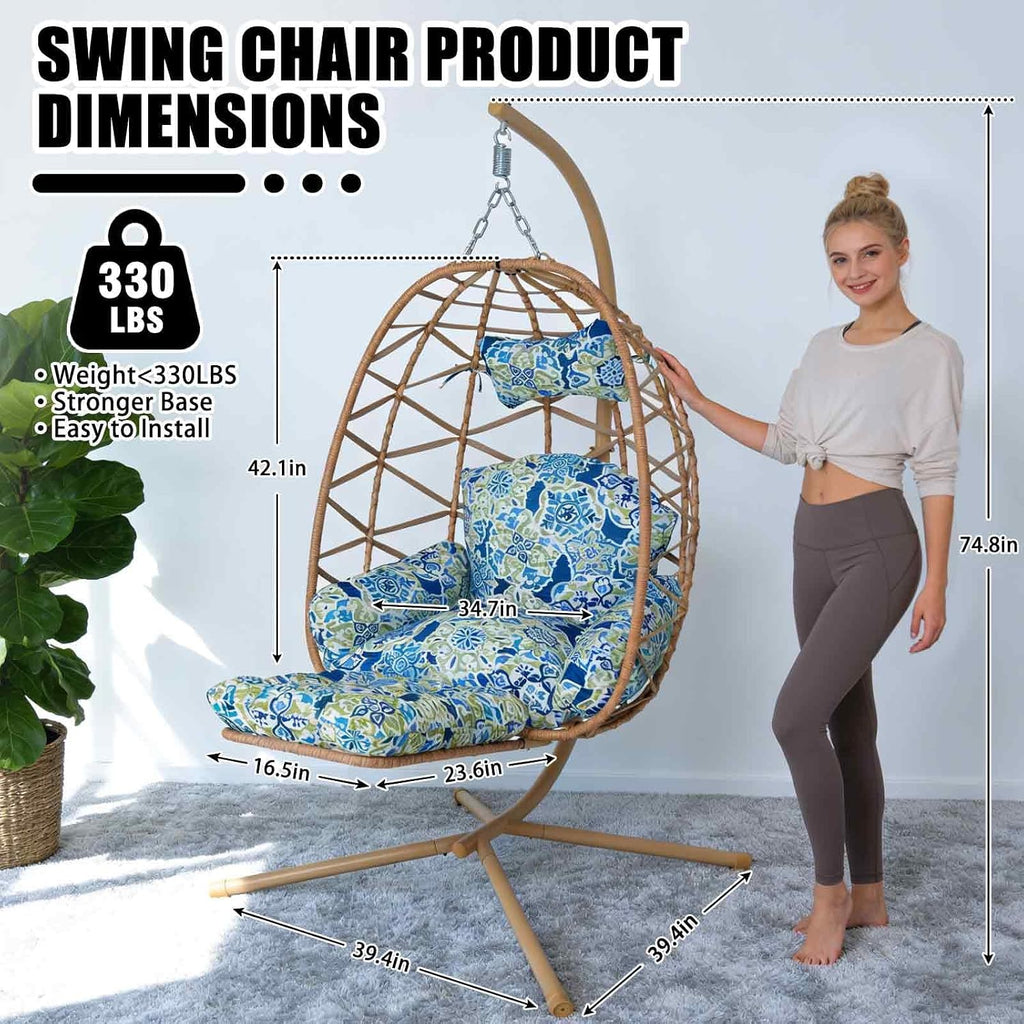 Hanging Egg Chair with Stand & Leg Rest,Rattan Wicker Swing Chair with Cushion,Patio Basket Hanging Chair Wicker Hammock Chair for Indoor Outdoor Bedroom Garden,300LBS (Yellow Rattan&Floral Cushion)