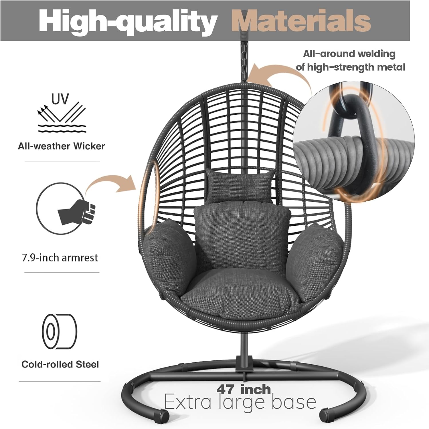 Oversized Hanging Egg Chair with Stand Outdoor Wicker Swing Chair Comfy Hammock Egg Shaped Chair 400lbs Capacity for Patio, Garden and Balcony