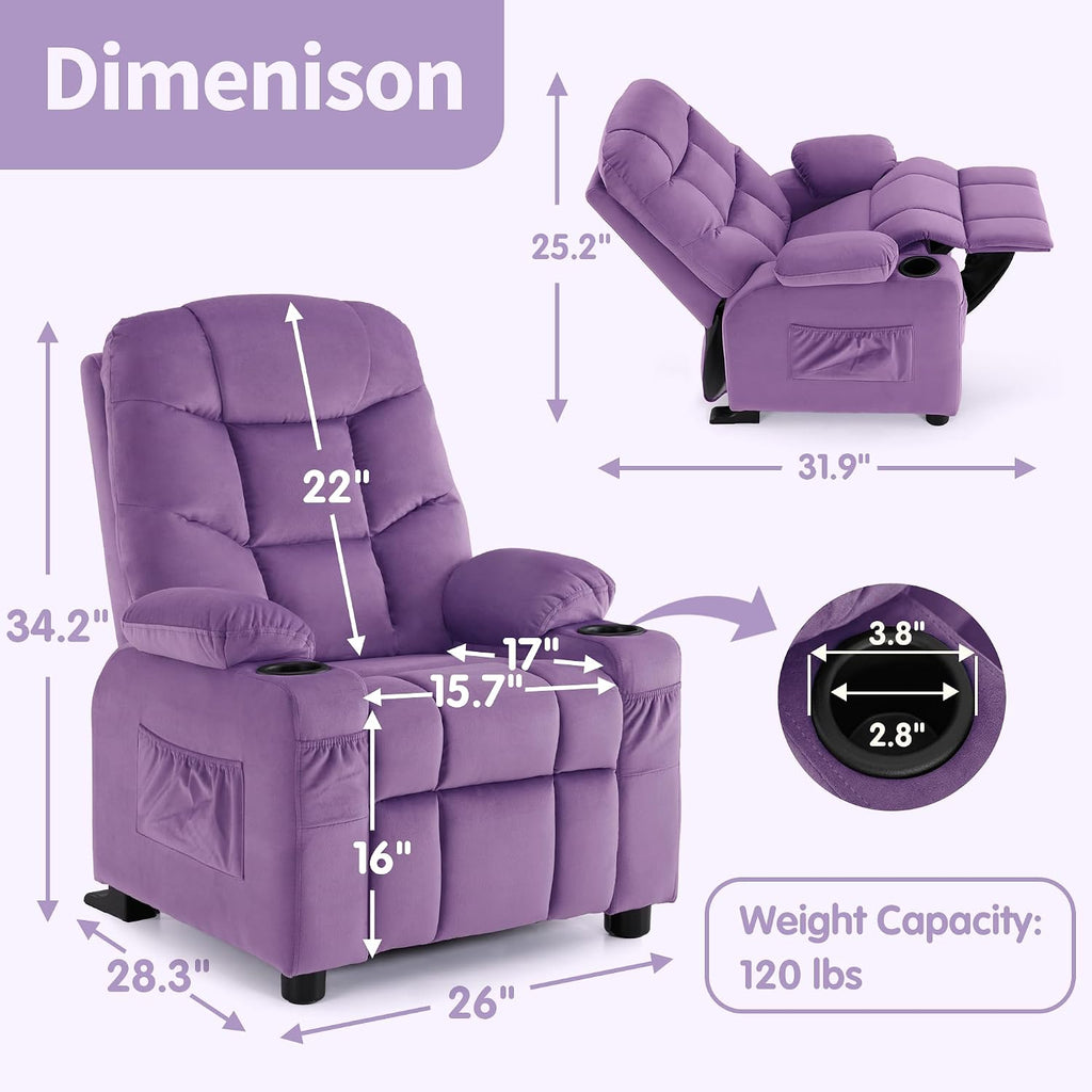 MCombo Big Kids Recliner for Ages 3+, Child Reclining Chair, Toddlers Recliner Sofa with Cup Holders (Velvet, Violet)