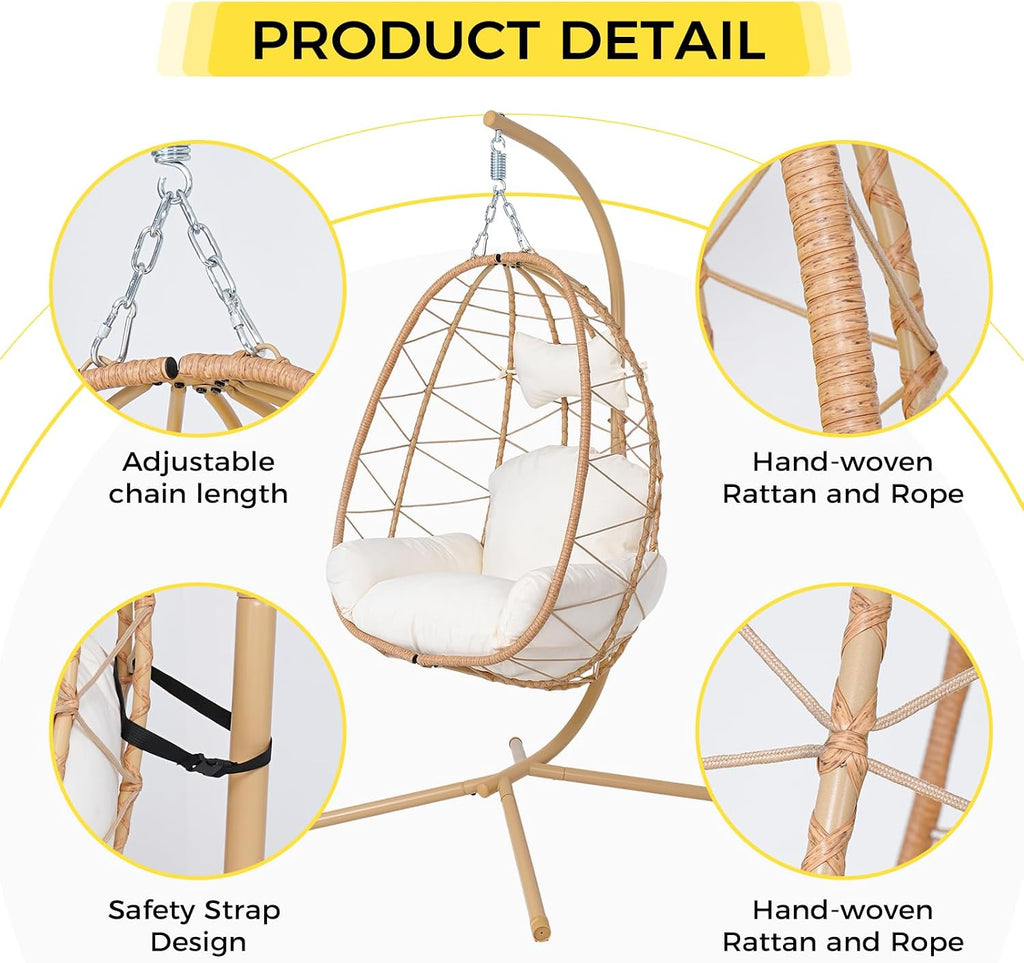 Egg Chair with Stand, Wicker Hanging Chair for Outdoor Patio, Cushioned Hammock Swing for Bedroom Garden Indoor/Outdoor, Double-Zipper Structure Hanging Egg Chair (Yellow Frame and White Cushion)