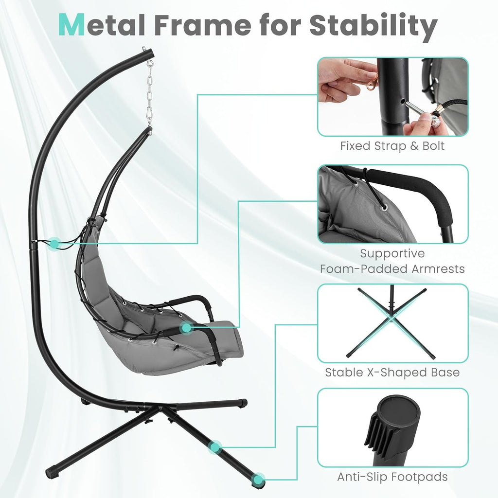 Tangkula Swing Chair with Stand, Hanging Egg Chair with Cushion, Indoor Outdoor Hammock Chair with Steel Rustproof Frame for Patio Backyard Porch Garden