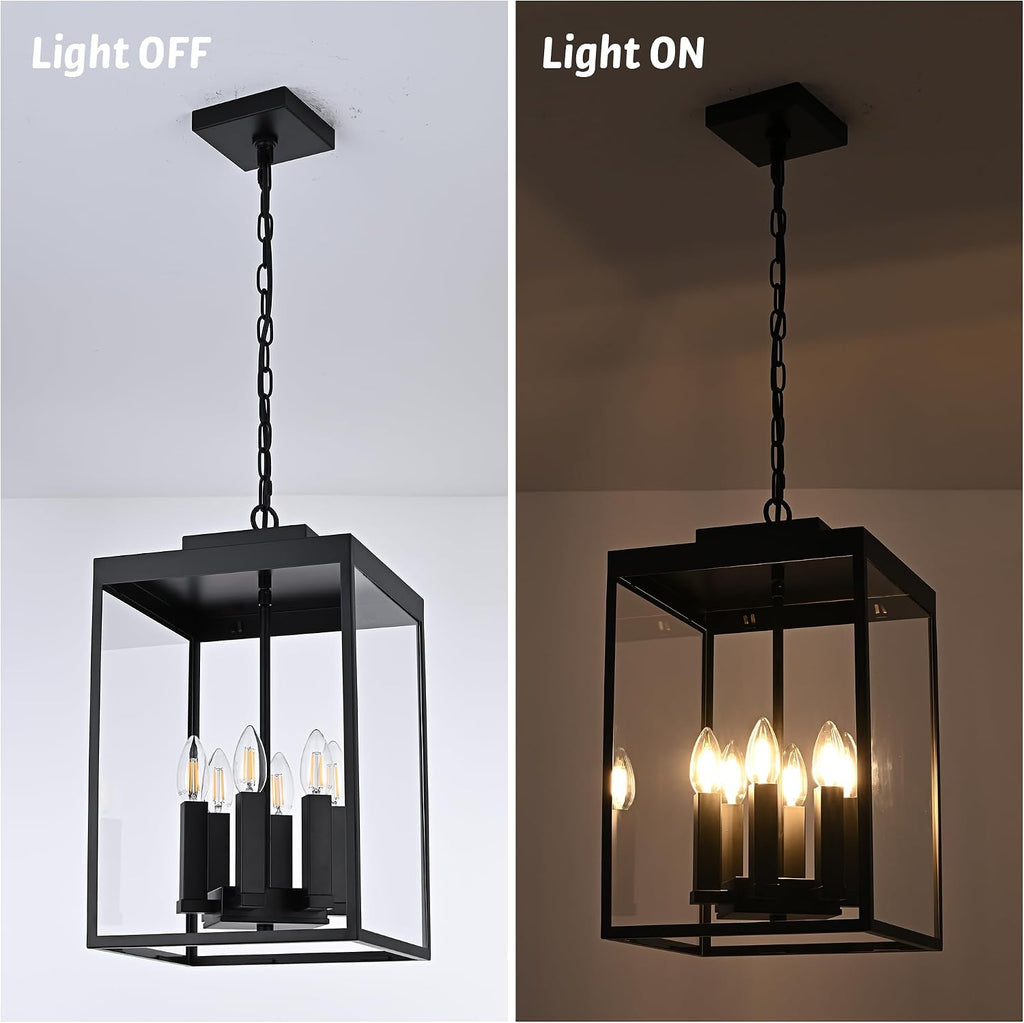 MELUCEE 16'' Large Outdoor Pendant Light Fixture, 6-Light Outdoor Chandelier for Porch Black Lantern Pendant Lights with Clear Glass Exterior Ceiling Lights Hanging for Porch Patio Gazebo Entrance