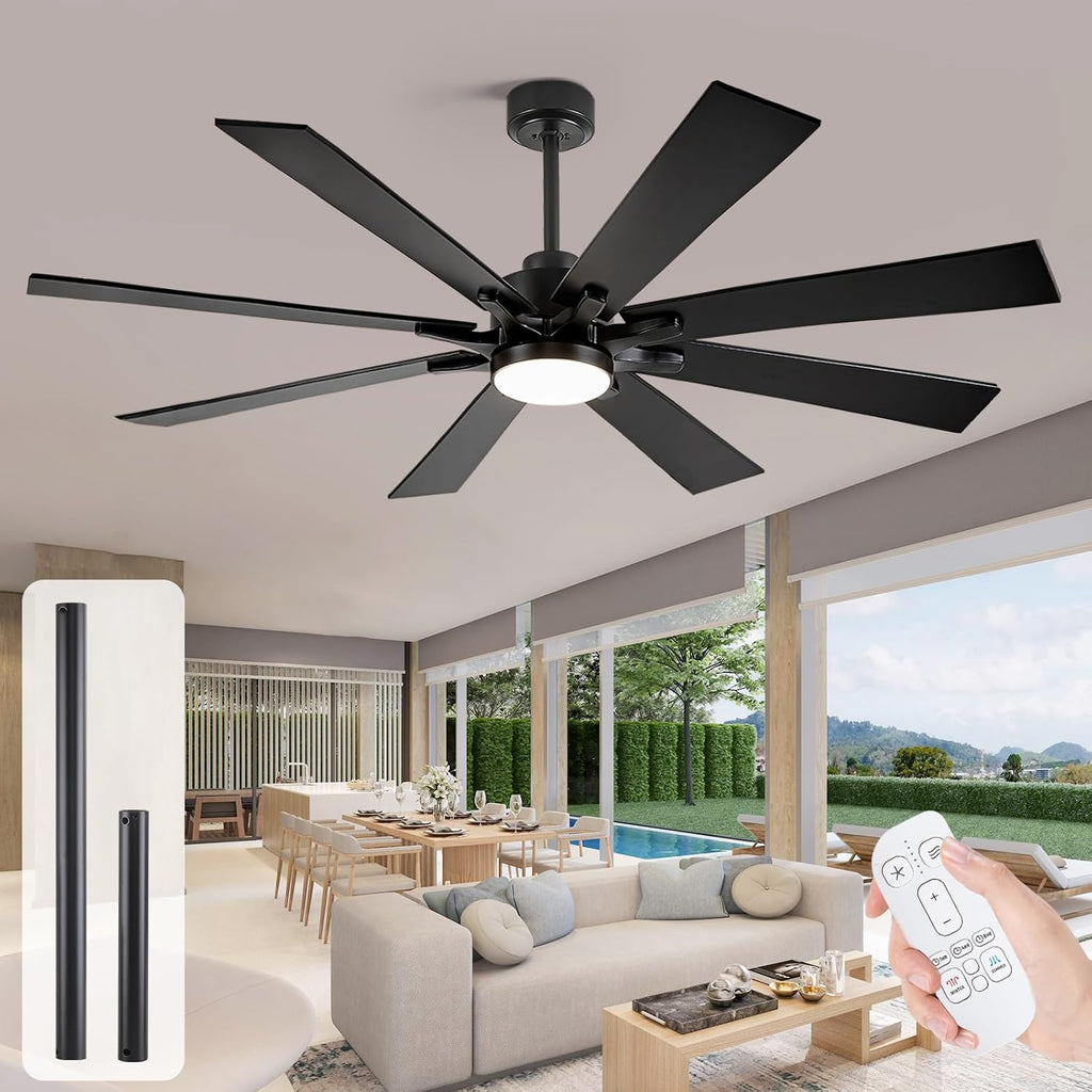 62 Inch Outdoor Ceiling Fan with Light for Patios, Black Ceiling Fan with Light, Large Damp Rated Industrial Fan with 8 Blades, Large Airflow Indoor Exterior Fans for Patios Porch Garage Office