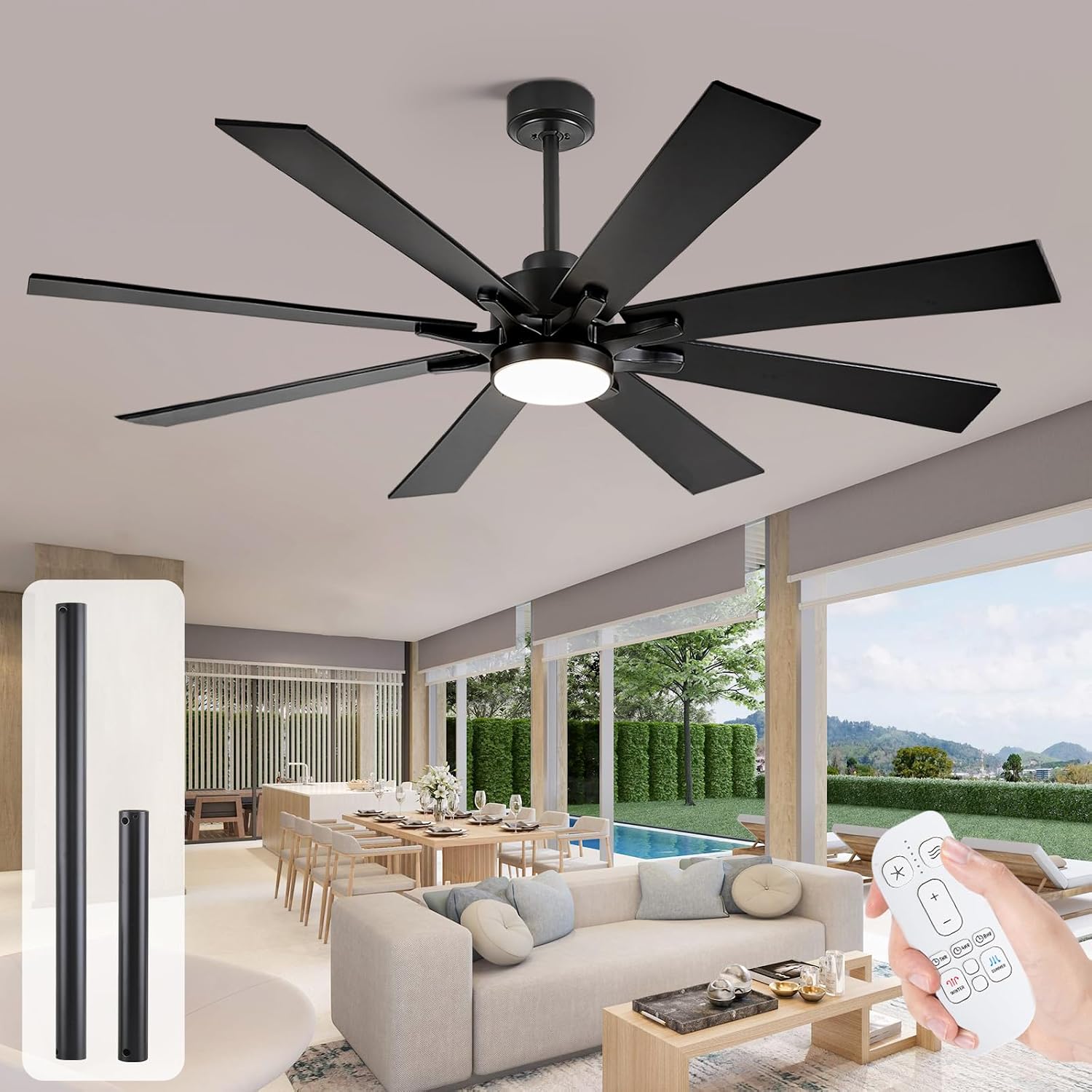 62 Inch Outdoor Ceiling Fan with Light for Patios, Black Ceiling Fan with Light, Large Damp Rated Industrial Fan with 8 Blades, Large Airflow Indoor Exterior Fans for Patios Porch Garage Office