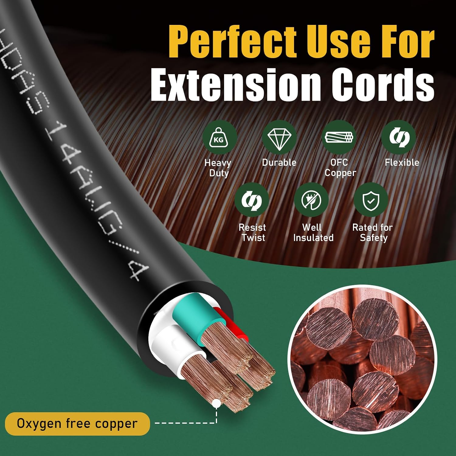 100ft 14/4 14 AWG Portable Power Cable (4 Conductor) - SOOW 600V 14 Gauge Electric Wire for Generator, Portable Lights, RV/EV Car Battery Chargers and Machinery - 100 Feet Electrical Cord