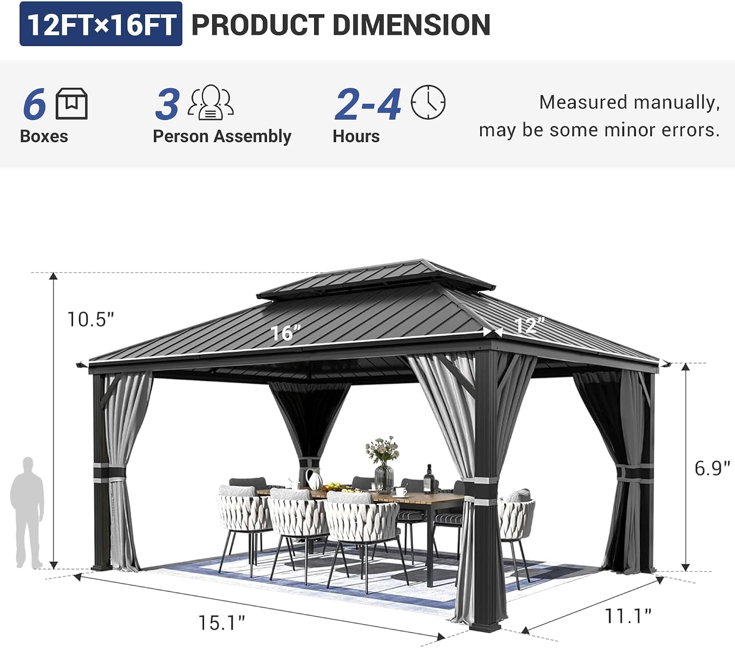 Amopatio 12' X 16' Permanent Hardtop Gazebo Aluminum Gazebo with Double Galvanized Steel Roof, Curtains and Netting Included,Outdoor Metal Pergola for Patios, Garden, Parties, Lawns