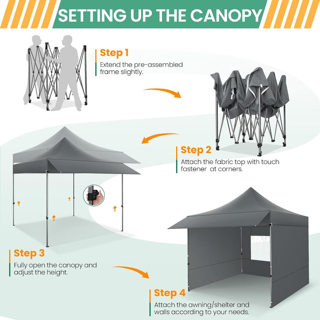 COBIZI 10x10 Pop Up Canopy Tent with Awning & Sidewalls, Heavy Duty Commercial 10X10 Canopy Tents Instant Waterproof, UPF 50+ Sun Shade for Outdoor, Parties, Markets (Gray)