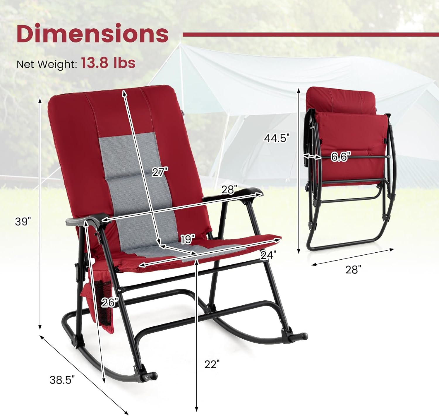 Goplus Oversized Folding Rocking Chair, Padded Patio Lounge Rocker w/Metal Frame, Armrests, Side Pocket, Lightweight Portable Rocking Chair for Backyard Camping Travel, Supports up to 500 lbs(2,Red)
