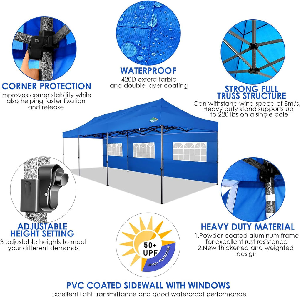 COBIZI 10x30 Pop up Canopy with 8 Removeable Sidewalls, Heavy Duty Party Tents for Parties, Events and Weddings, UPF 50+ Waterproof Commercial Tent with Roller Bag, Blue (Windproof Upgraded)