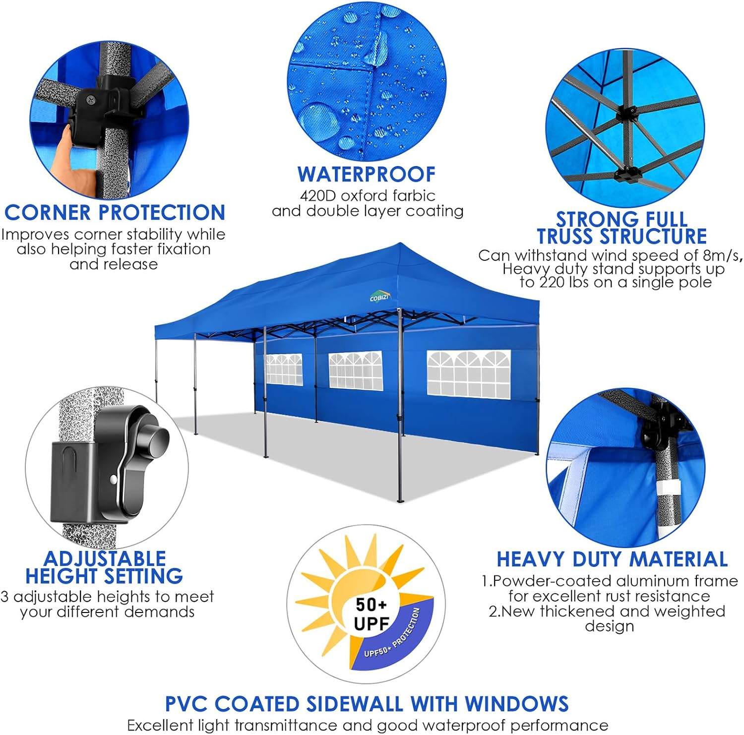 COBIZI 10x30 Pop up Canopy with 8 Removeable Sidewalls, Heavy Duty Party Tents for Parties, Events and Weddings, UPF 50+ Waterproof Commercial Tent with Roller Bag, Blue (Windproof Upgraded)