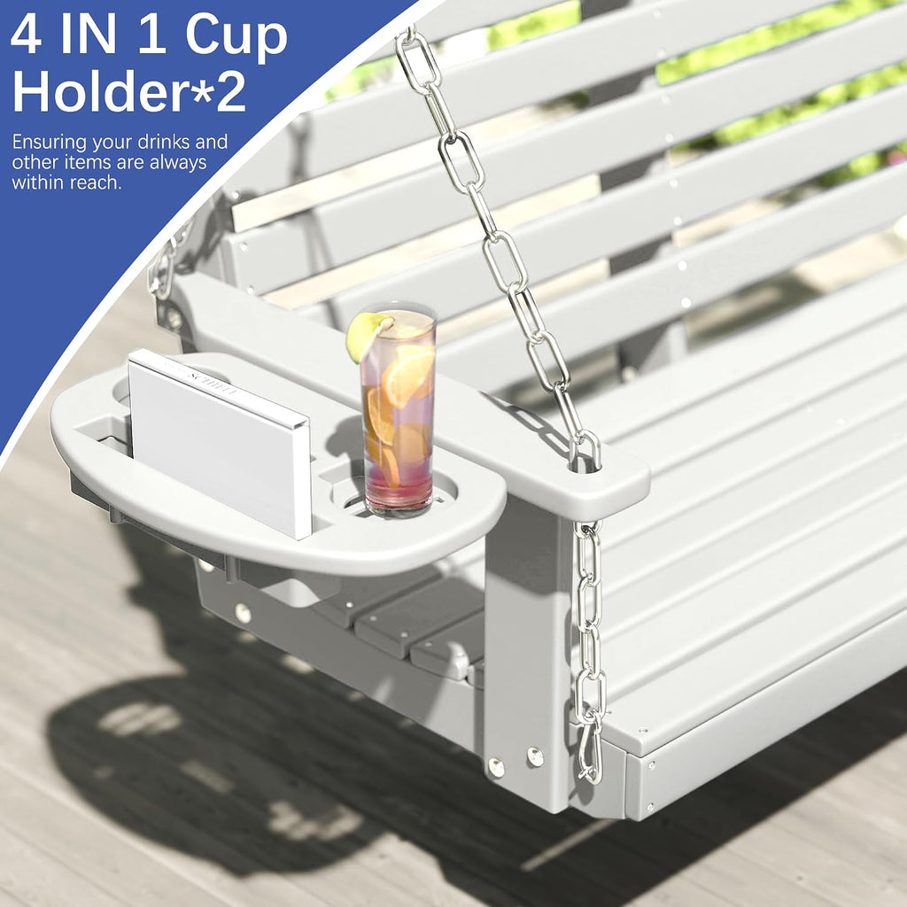 FOOWIN Porch Swing, 4 FT Patio Swing with Cup Holders, Adjustable Hanging Chains, HDPE Outdoor Swing for Patio, Porch, Garden, Yard, Heavy Duty 660 LBS Weight Capacity White