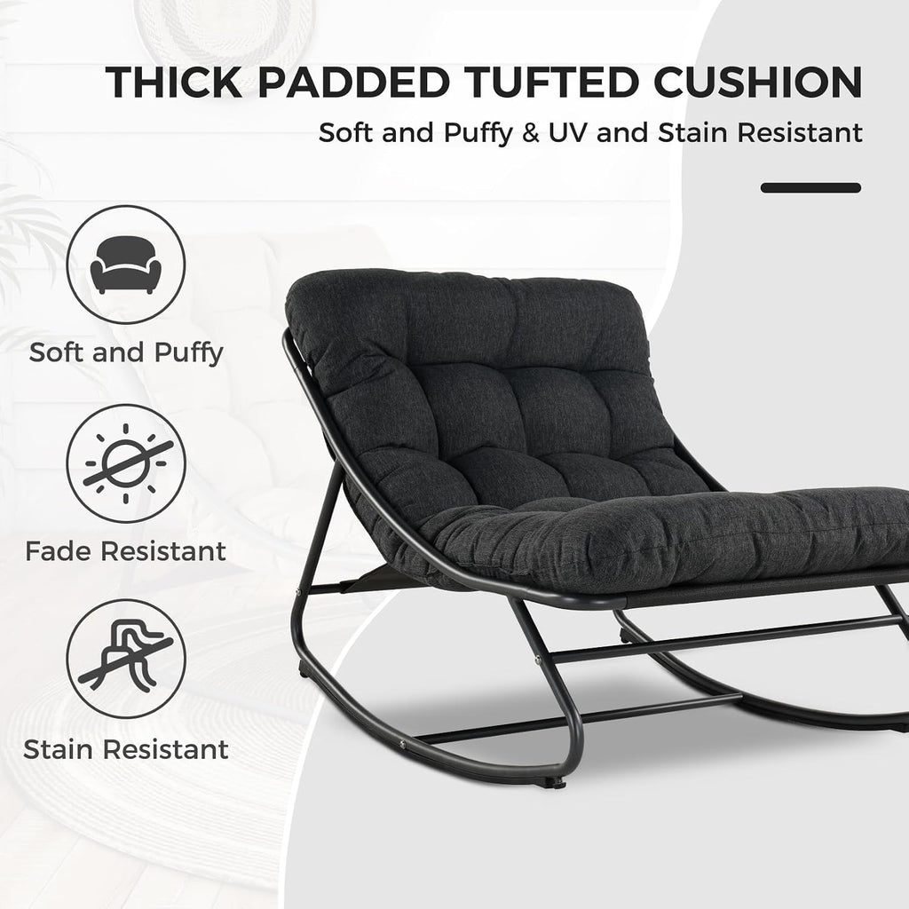 Grand patio Rocking Chair with Foot Stool, Metal Outdoor Rocking Chair with Cushion and Foot Rest, Comfy Lounge Rocker for Living Room Porch Patio, Dark Gray