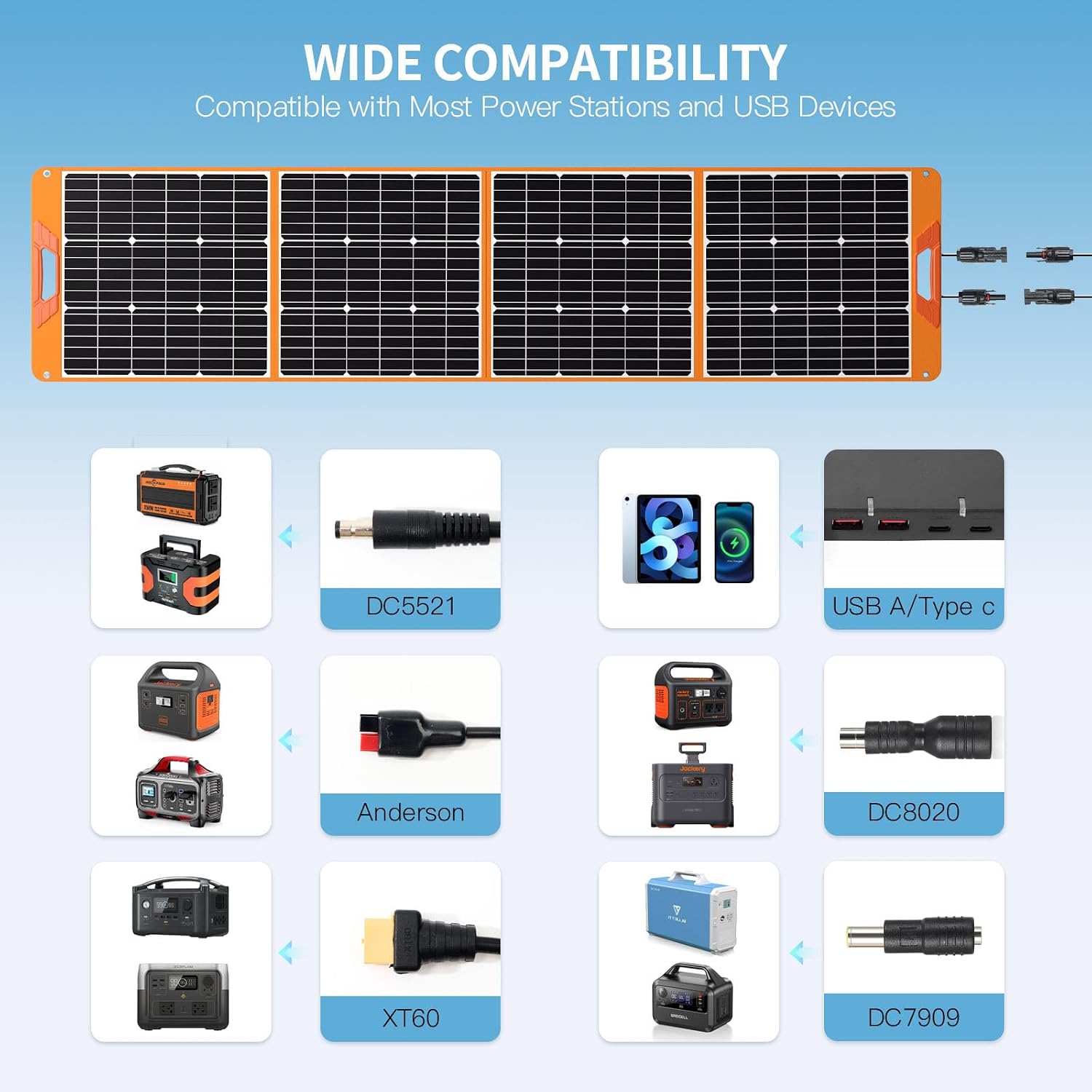 Upgraded 200W Portable Solar Panel for Power Station Generator, 18V Foldable Waterproof IP65 Solar Cell Charger with Adjustable Kickstand and MC-4 Cable for Laptop Outdoor Camping Boat Lawn RV Trip