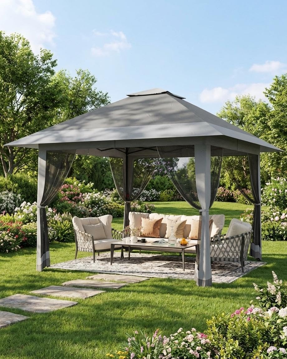 13'x13' Pop Up Gazebo, Outdoor Canopy Tent with Mosquito Netting, Pop Up Canopy with Double Roof Design & Adjustable Height, UV-Resistant Patio Gazebo Sunshade for Graden/Backyard/Lawn/Beach (Gray)