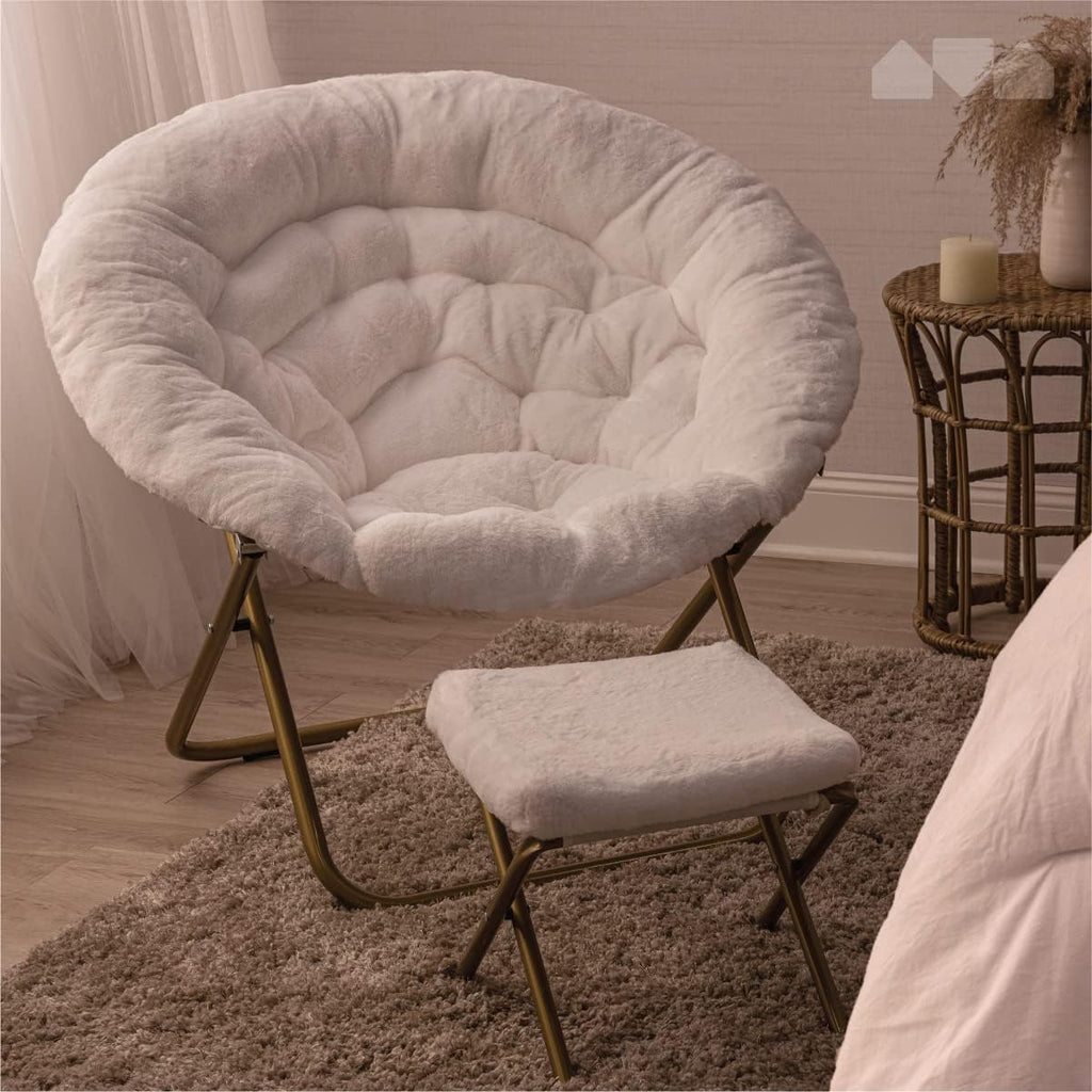 Milliard Cozy Chair/Faux Fur Saucer Chair for Bedroom/X-Large (White + Footrest)