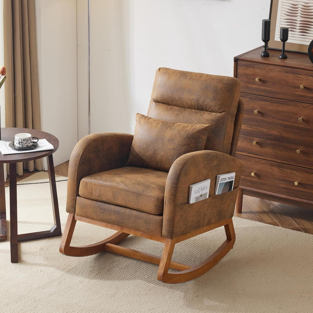 VINGLI Rustic Microfiber Nursing Rocking Chair with Thick Headrest, Upholstered Mid-century Modern Nursery Rocker Glider with Curved Armrest, Sturdy Solid Wood Base for Living Room, Bedroom, Baby Room