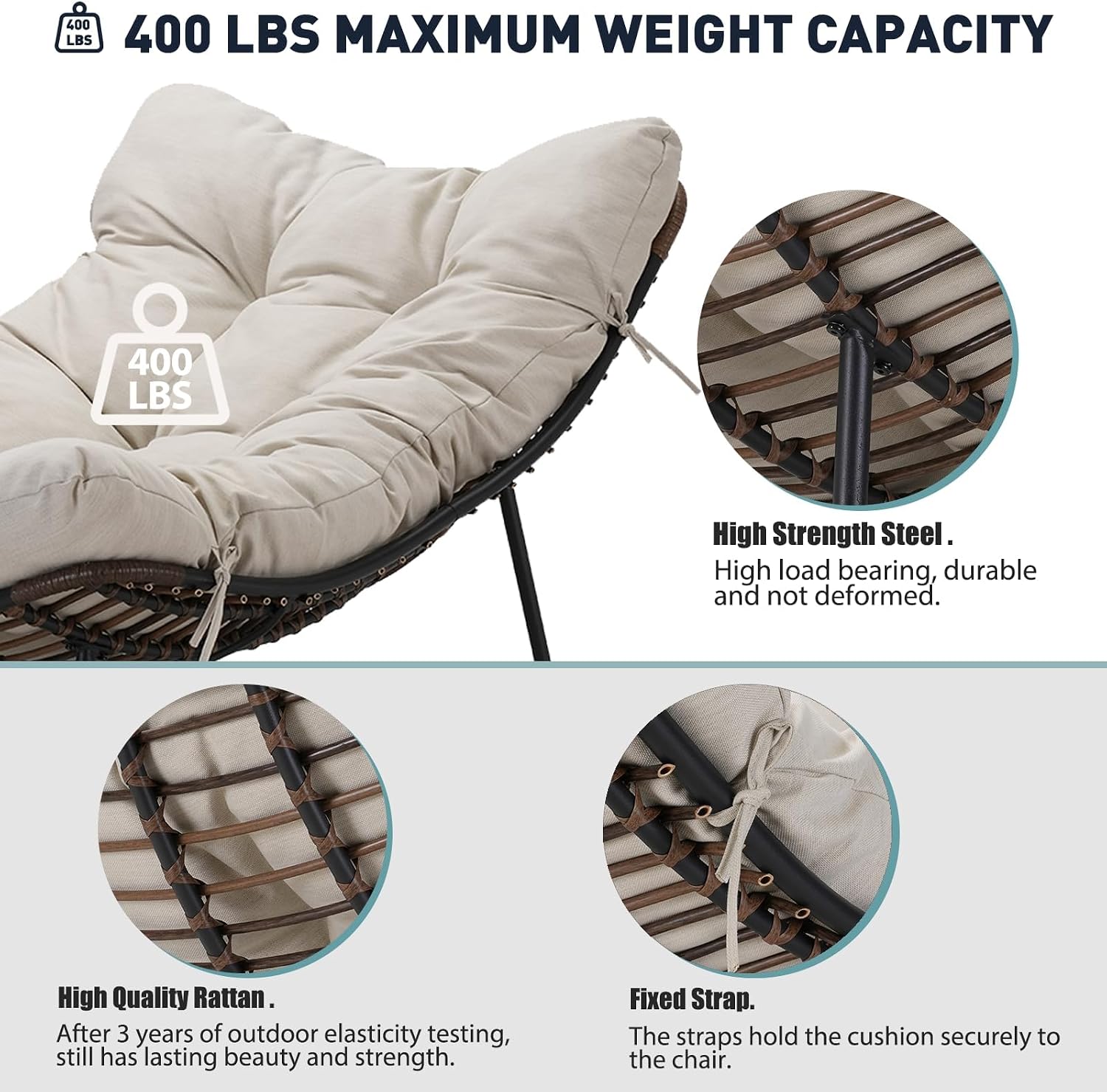 Outdoor Papasan Rocking Chair Oversized - Rocking Chair with Soft Cushion, 30° Rocker Egg Chair for Patio, Front Porch, Backyard, Living Room, Beige