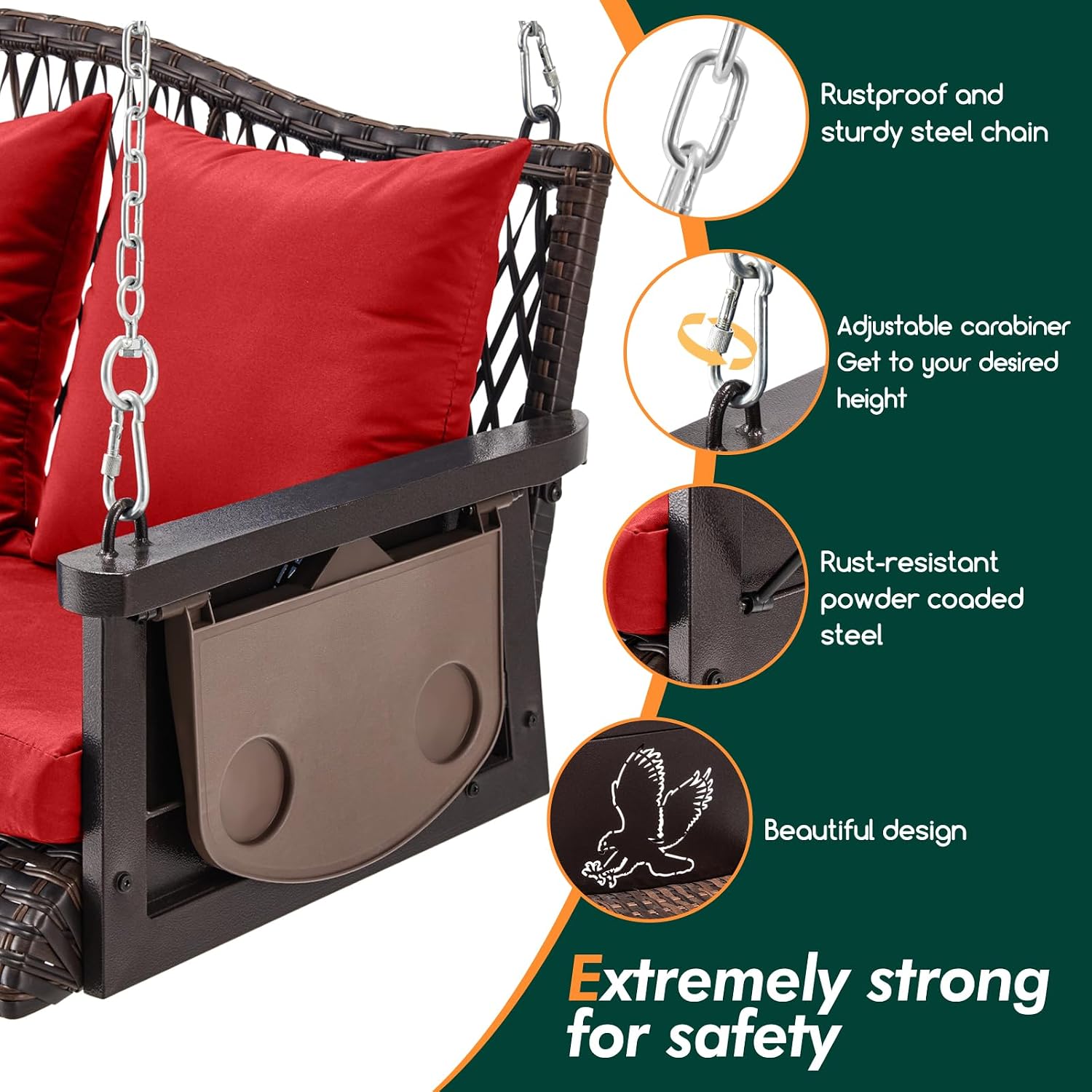 ZZW Upgraded Wicker Hanging Porch Swing Heavy Duty 900 LBS 3-Seat Outdoor Patio Swing Chair Bench for Adult w/ 8.9ft Hanging Chains Cushions and Cup Holder