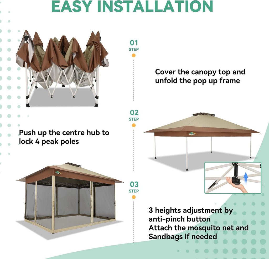 COBIZI 10x15 FT Pop up Gazebo on Clearance - Outdoor pop up Heavy Duty Canopy Tent,carpas para Patio,Screen Tents with Portable Carry Bag, Patio Gazebos for Camping, Garden, Deck, Backyard, Khaki