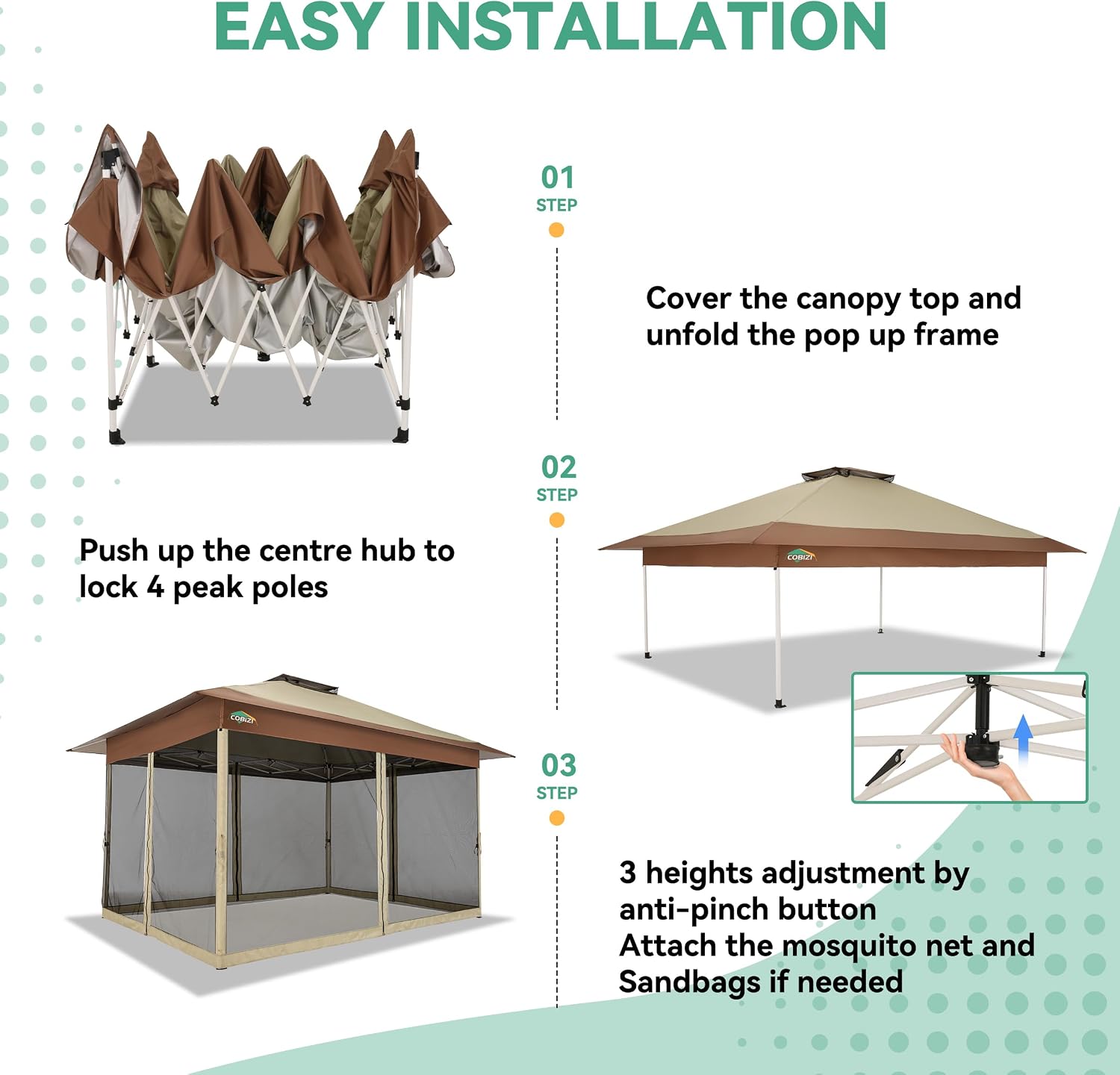 COBIZI 10x15 FT Pop up Gazebo on Clearance - Outdoor pop up Heavy Duty Canopy Tent,carpas para Patio,Screen Tents with Portable Carry Bag, Patio Gazebos for Camping, Garden, Deck, Backyard, Khaki