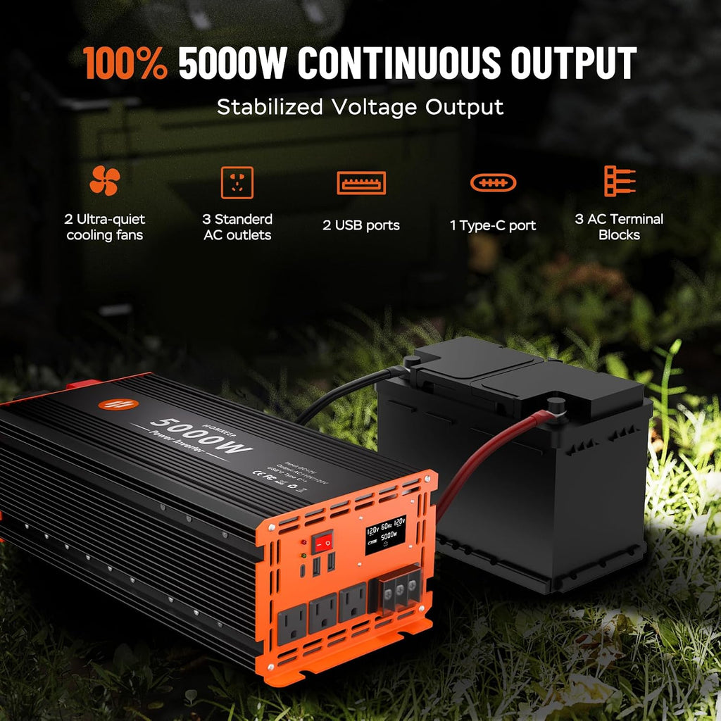 5000 Watt Power Inverter 12V DC to 110V/120V AC Converter Peak Power 10000W Car Inverter with LCD Display 3 AC Outlets, 2 USB & Type-C Port for RV,Truck,Off-Grid Solar System with Remote Controller