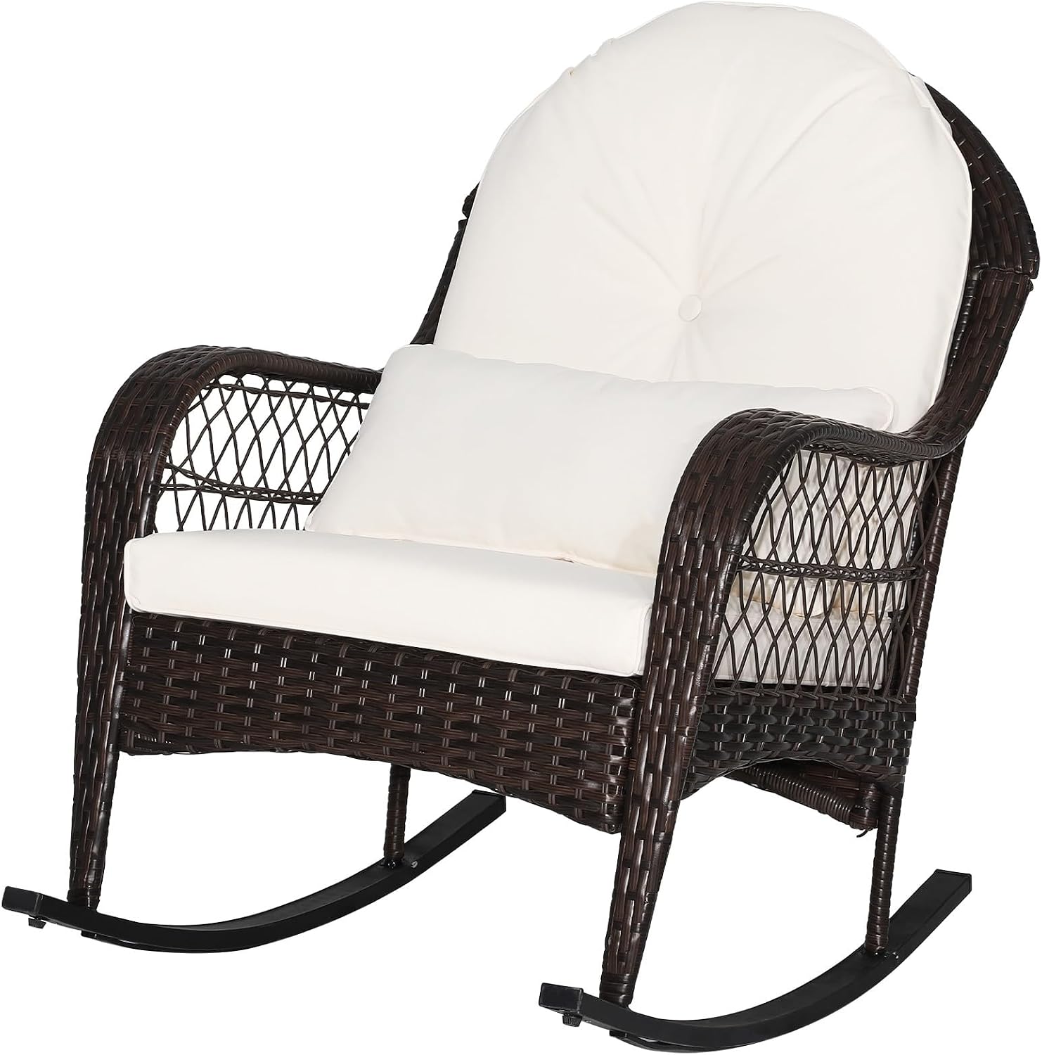MEDIMALL Outdoor Wicker Rocking Chair, Patio Rattan Rocker w/Lumbar Pillow, Padded Seat & Back Cushions, Metal Frame, Mix Brown Wicker Furniture for Balcony, Porch, Deck, Backyard (Off White)