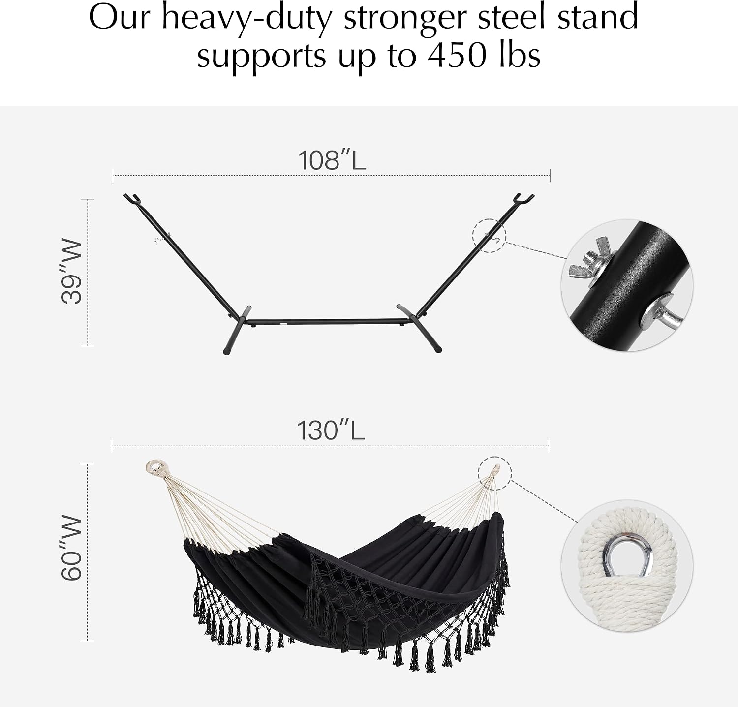PNAEUT Handmade Tassel Hammocks, Double Hammock with Stand for Outside Indoor Outdoor, Max 450 lbs Capacity, Pillow & Storage Bag Included (Black)