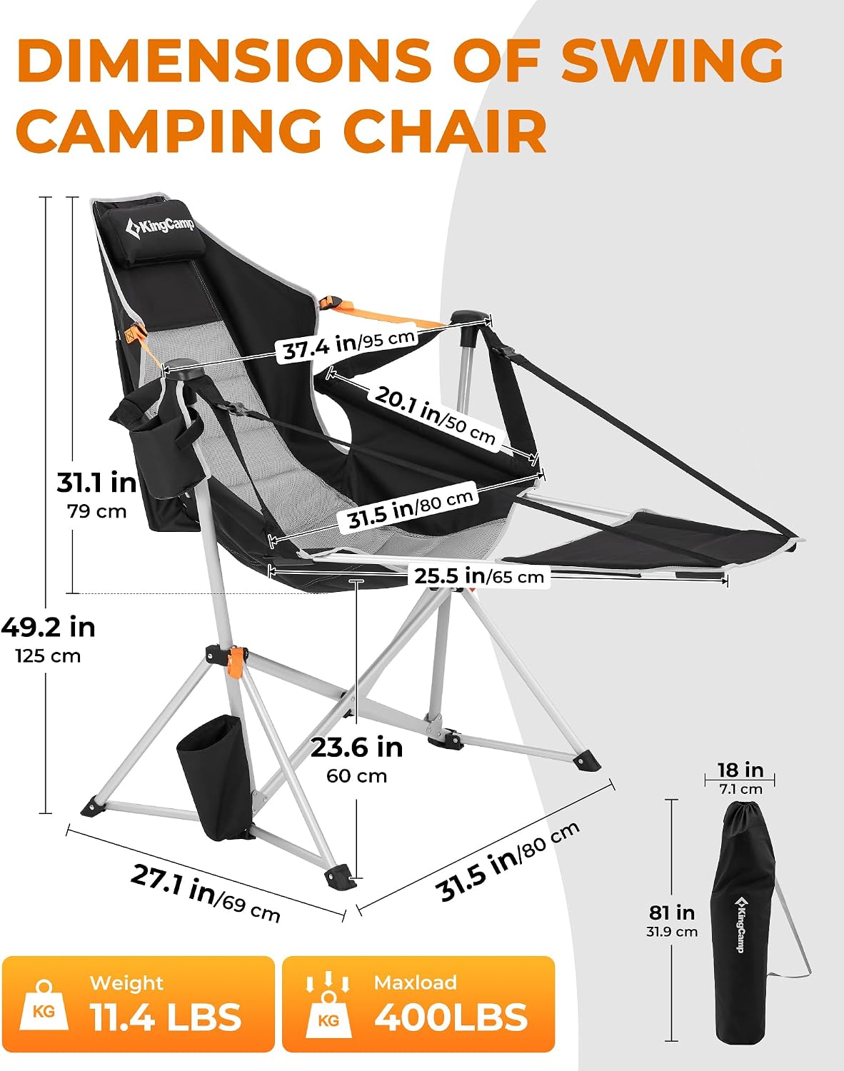 KingCamp Hammock Chair with Footrest – Heavy Duty Swinging Rocking Camping Chairs for Adults up to 400lbs, Folding Portable Oversized Rocker with Cup Holder & Pillow for Outdoor Beach Lawn RV Sports