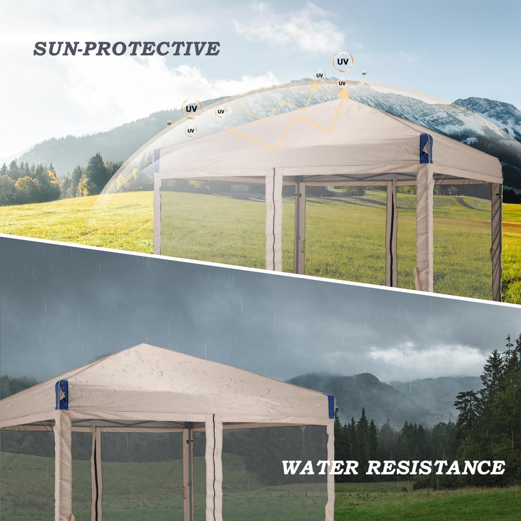 Aoodor 12x12 Ft Pop Up Canopy Tent with Netting, Water-Resistant 210D Oxford Fabric Shade, Easy Assembly Commercial Gazebo with Wheeled Carry Bag & 4 Sand Bags for Camping, Party, Khaki