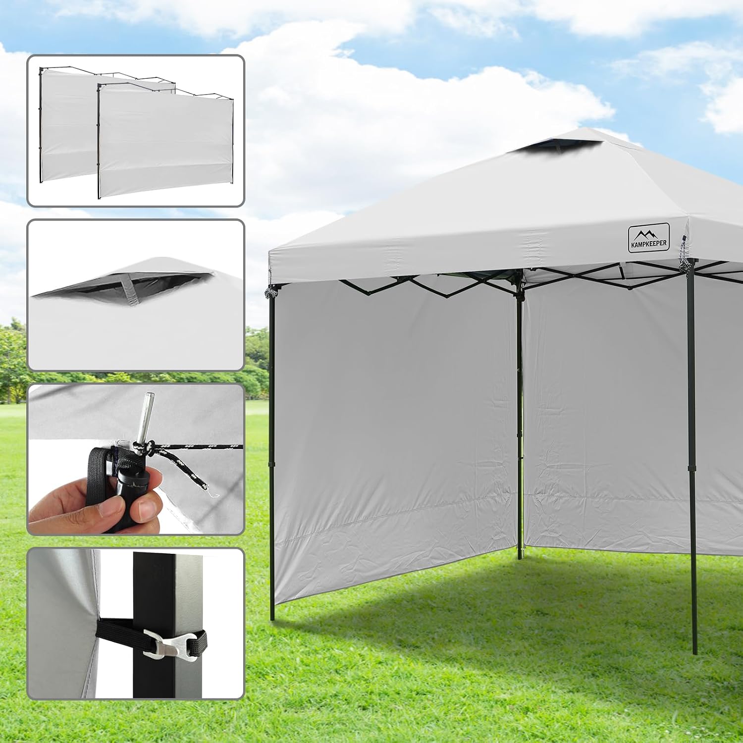 KAMPKEEPER 10x10 Easy Pop Up Canopy Tent with Sidewalls, Instant Outdoor Shade Shelter with Removable 10FT Sun Walls, Quick Setup Waterproof and UV-Resistant for Patio (White, 10x10FT with 2 sidewall)