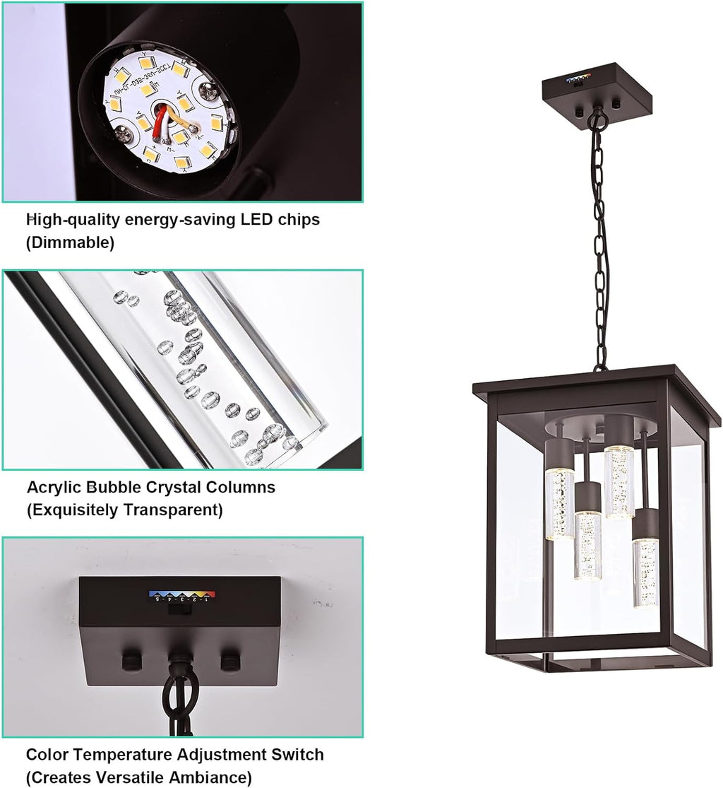 Yaohong 16.7' Large 5CCT LED Outdoor Pendant Light, 4-Lights Modern Oil Rubbed Bronze Hanging Ceiling Fixture with Acrylic Column & Clear Glass, Weatherproof Chandelier for Porch Gazebo Patio Entryway