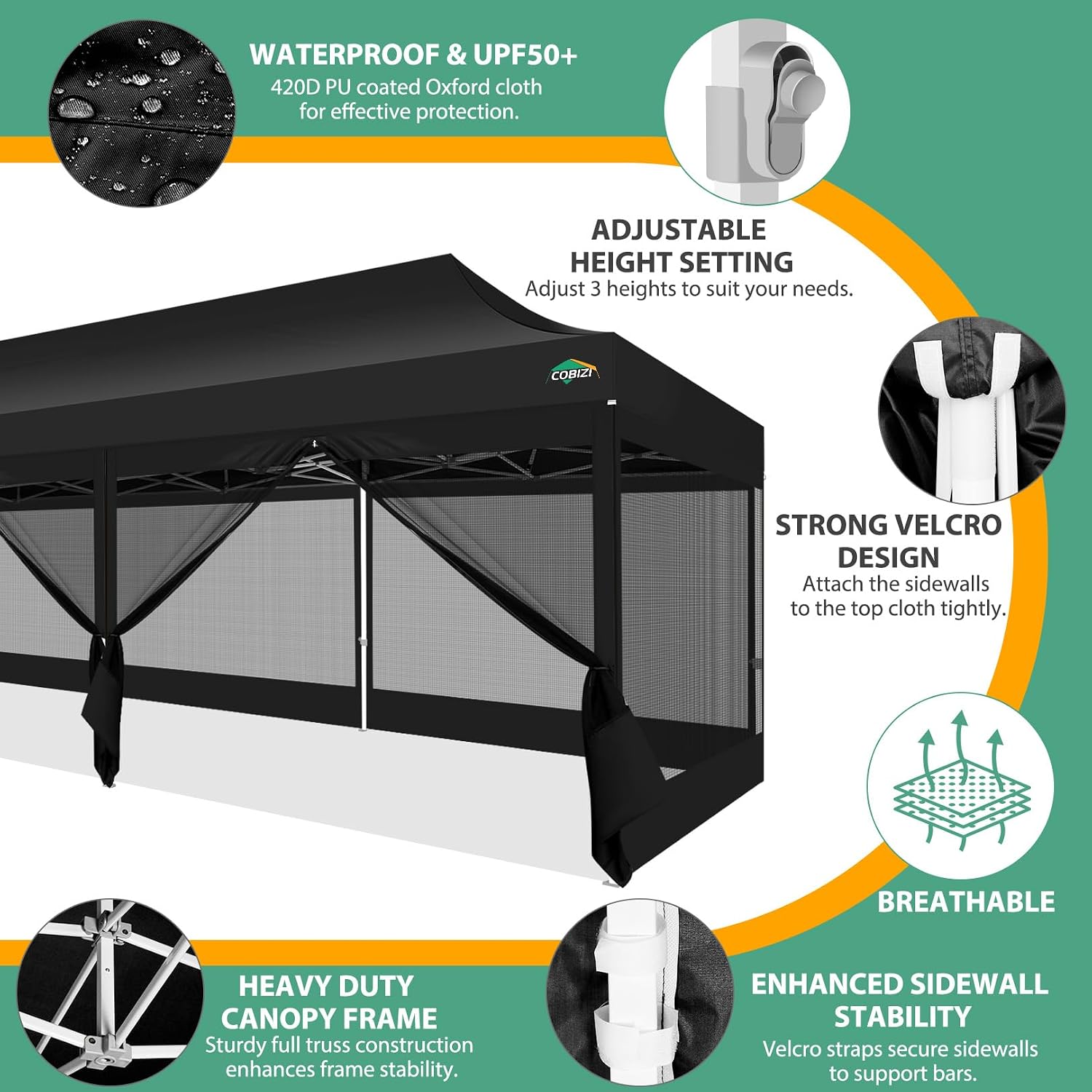 COBIZI 10x30 Pop Up Canopy with Sidewalls, Heavy Duty Canopy with Mosquito Netting, Easy up Screen Party Tents for Parties Backyard Outdoor Commercial Event Gazebo with Roller Bag, Sandbags, Black