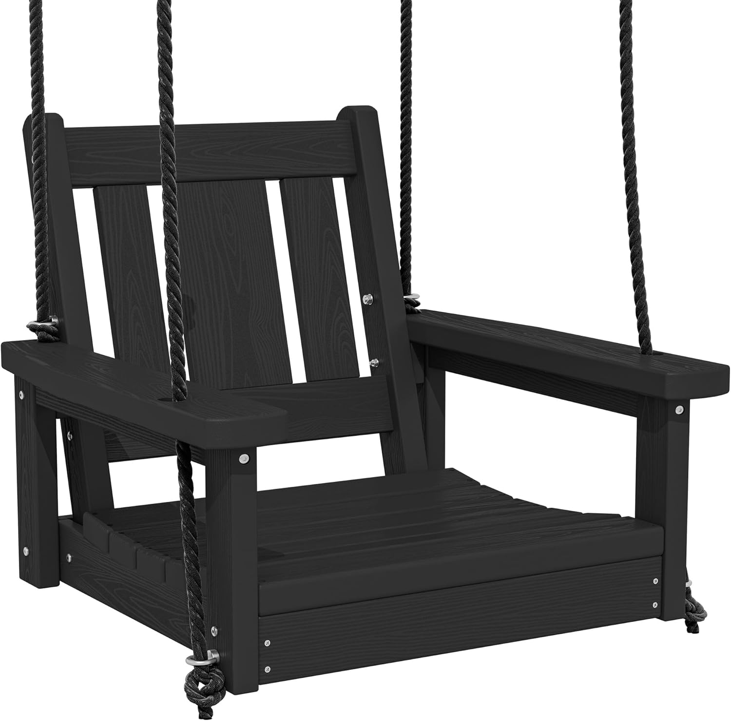 SERWALL HDPE Single Porch Swing, Heavy Duty Single Person Swing Chair with 2 Polypropylene Hanging Ropes, Adirondack Hanging Chair for Outdoor Front Porch Patio Garden Yard, Black