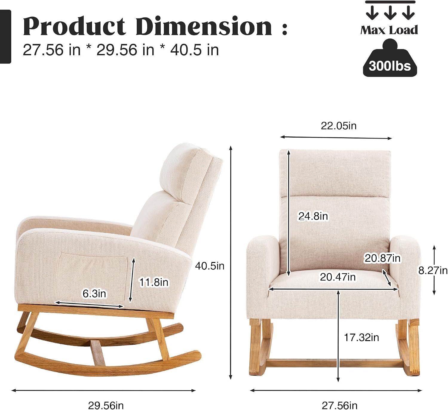 HCHAIRH Rocking Chair Nursery, Nursing Rocker Chairs with High Backrest, Modern Glider Rocking Chair for Mom Nursery, Living Room, Bedroom, Beige