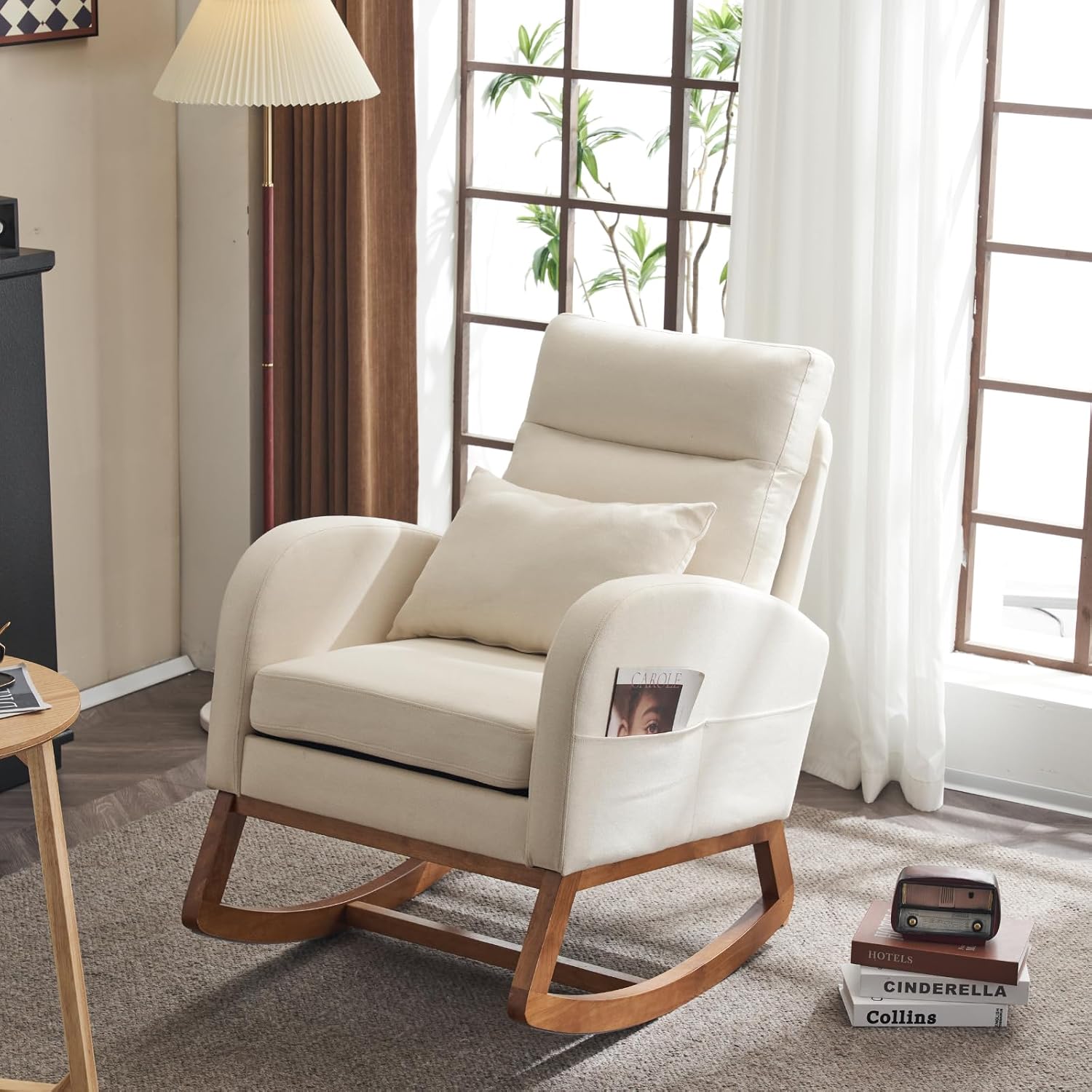 VINGLI Beige Linen Nursery Rocking Chair with Thick Headrest,Mid-Century Modern Nursing Rocker,Upholstered Glider with Curved Armrest, Sturdy Solid Wood Base for Living Room, Bedroom, Baby Room