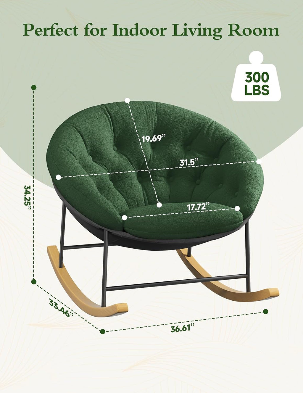 Kidirect Wide Rocking Chair Nursery, Comfy Saucer Nursery Rocking Chairs with Removable Cushion, Indoor Papasan Nursing Chair for Breastfeeding, Mecedora Para Adultos for Living Room & Bedroom (Green)