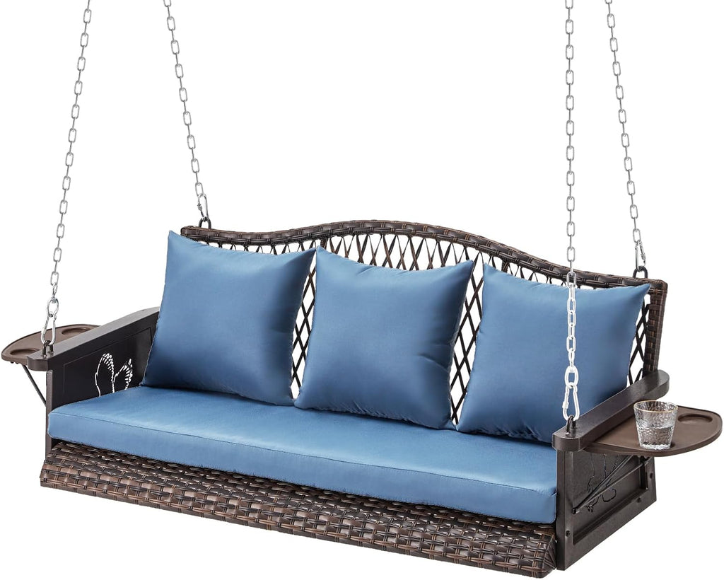 ZZW Upgraded Wicker Hanging Porch Swing Heavy Duty 900 LBS 3-Seat Outdoor Patio Swing Chair Bench for Adult w/ 8.9ft Hanging Chains Cushions and Cup Holder