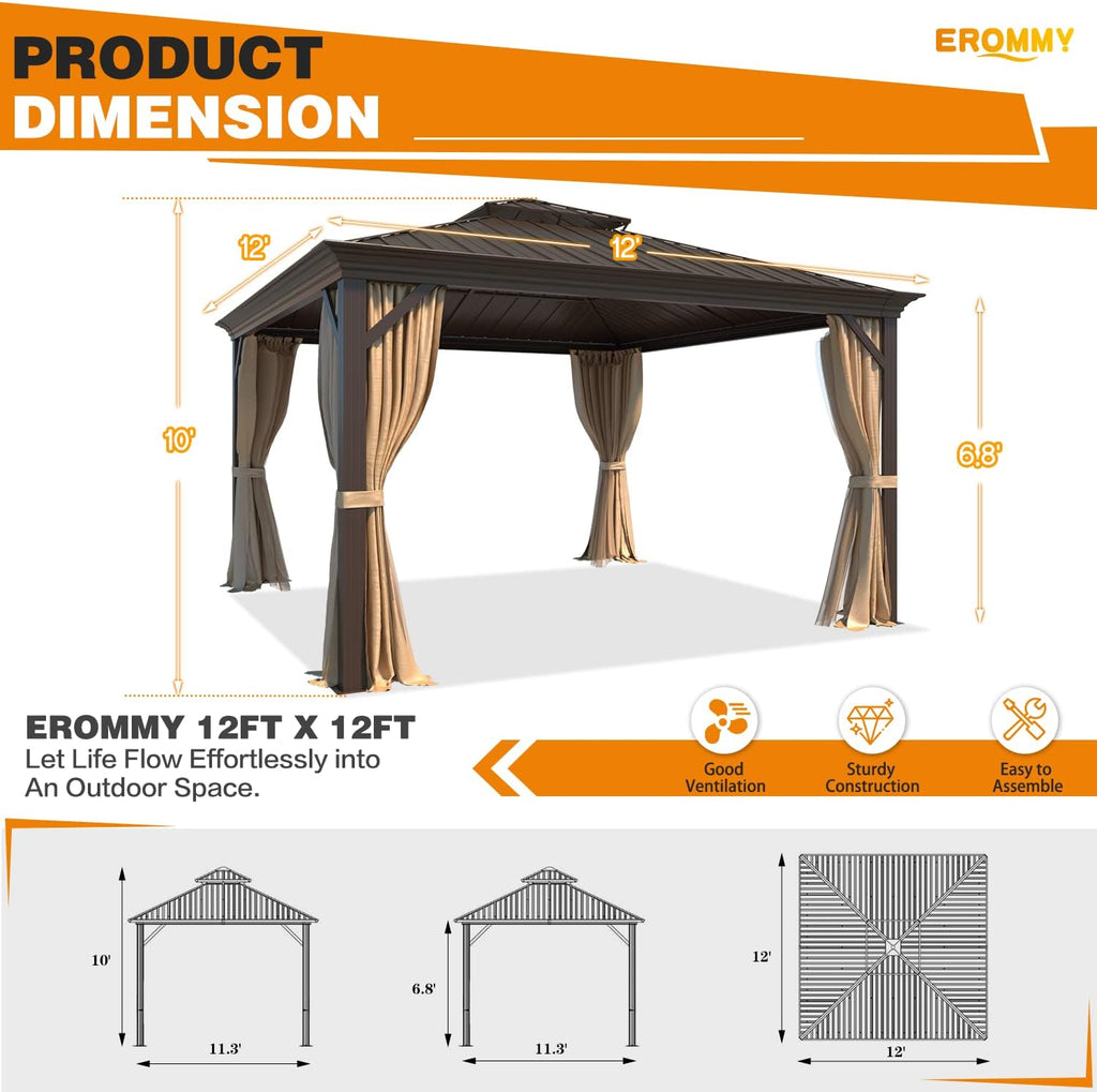 EROMMY 12' x 12' Gazebo Hardtop Double Roof Galvanized Steel Gazebos with Netting and Curtains Outdoor Aluminum Frame Permanent Metal Pavilion for Patio Backyard Deck and Lawns