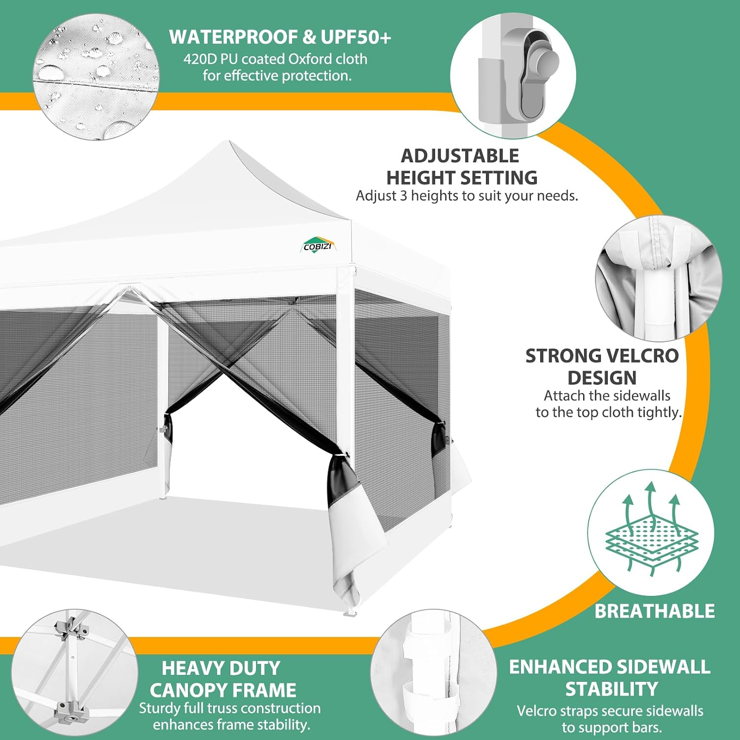 COBIZI 10x10 Pop up Gazebos with 4 Mosquito Netting Sidewalls,Heavy Duty Pop up Canopy Tent for Party,Outdoor Camping,Lawn and Backyard,Easy Set up Screen Tents with Handbag,White