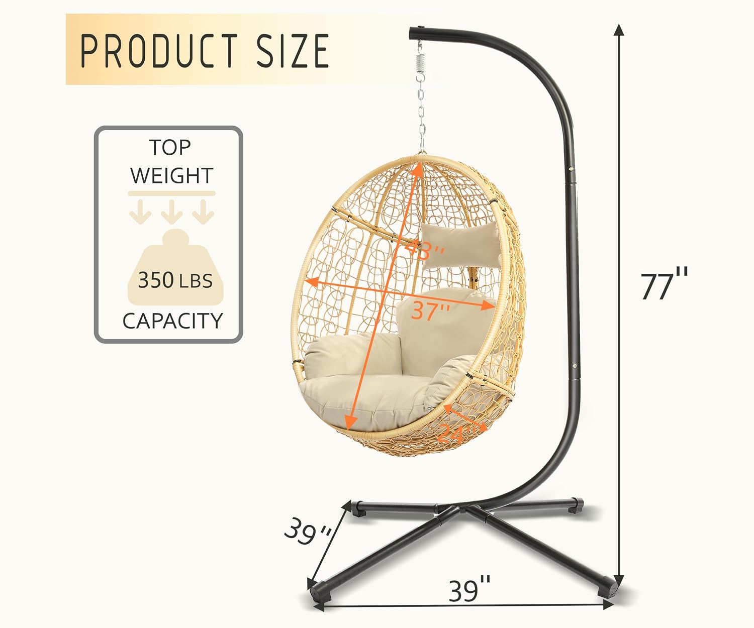 DoubleTT Indoor/Outdoor Wicker Swing Egg Chair Hammock Hanging Chair Nest Basket with Stand, UV Resistant Removable & Washable Cushions,350LBS Capacity for Bedroom, Balcony, Garden (Yellow and Beige)