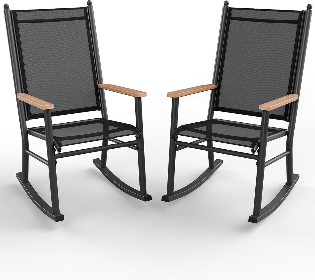 Shintenchi Outdoor Rocking Chairs Set of 2,Upgraded High Back Patio Rocking Chair Set,Breathable Textilene Fabric Outdoor Rocking Chair for Porch,Patio,Garden,Balcony,Black