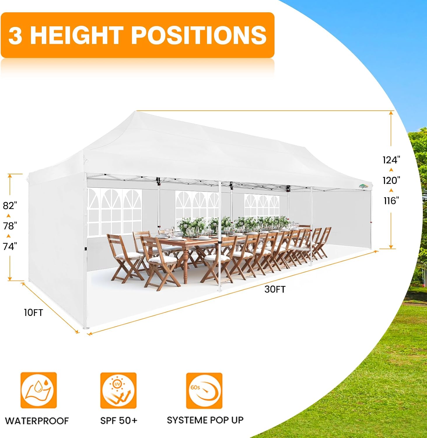 COBIZI 10x30 Pop up Canopy with 8 Removable Sidewalls & 4 Sandbags, Party Tents for Wedding, Commercials, Waterproof and Instant Shelter UV50+ Outdoor Gazebos Tent with Roller Bag & 5 Sidewalls